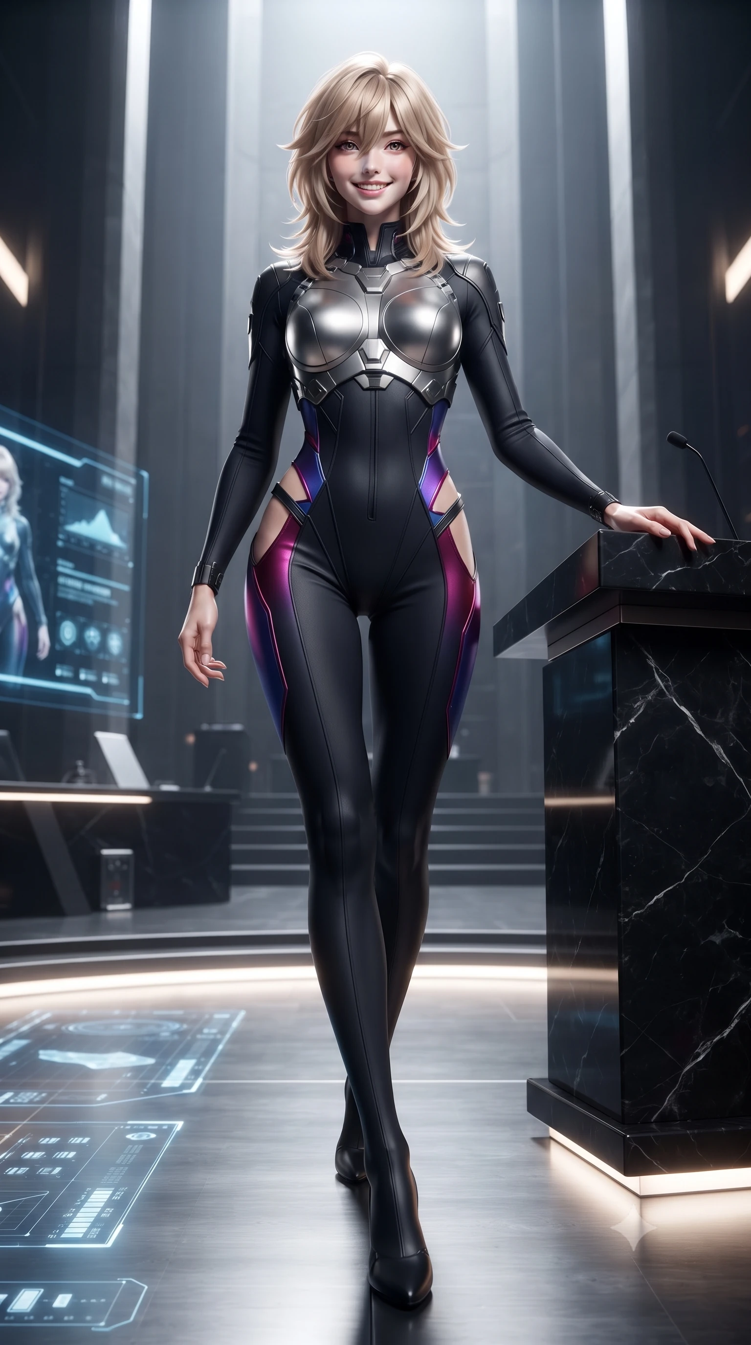 score_9, masterpiece, best quality, ultra-detailed, high-budget anime keyframe, editorial fashion photography, tasteful artistic composition, Japanese woman. low angle full-body shot from head to toe showing her feet, filling the entire 9:16 vertical frame with her statuesque presence, stretching her vertical silhouette. striding forward gracefully across the reflective metal deck in mid-motion with a radiant beaming smile, hips swaying in an alluring kinetic rhythm that accentuates her curvy hourglass silhouette and long slender legs while leaning against the black marble council podium with hips cocked back, looking into the lens with an intoxicating, commanding bedroom-gaze. The surrounding environment is rendered in vivid detail and crisp panoramic clarity: detailed tailored suit texture, digital data reflections on skin, and monumental government architecture in razor-sharp precision. She has an absolutely perfect, statuesque 8.5-heads proportion, an exceptionally tall and slender model-like female figure with impossibly long slender legs, an ultra-slim waist, a flat toned midriff, narrow delicate ribcage, and beautifully sculpted feminine hips creating a graceful, slim hourglass silhouette without any bulky heaviness. sharp v-shaped jawline, high-bridge nose, intricate jewel-like sparkling eyes with depth, thick eyelashes, glossy parted lips with a natural sheen, bright confident smile with an enchanting and coquettish sensual glint, exuding both youthful magnetic charm and sovereign high-tech allure, flawlessly proportioned anatomical accuracy, strict slender model proportions, natural body alignment, perfectly sculpted long slender limbs, ultra-slim waistline, clean dynamic posture without body distortion. wearing a sculpted titanium-alloy breastplate bodice worn over an ultra-tight matte stretch bodysuit with side hip cutouts in neon electric violet and deep space obsidian, tailored from brushed aeronautical titanium alloy with matte satin sheen, accented with strategically placed chrome armor plate guards covering key curves, the form-fitting tactical tailoring adhering flawlessly to her sculpted flat midriff and slender torso, emphasizing her long leg lines and perfectly proportioned willowy build. illuminated by under-floor uplighting and sharp champagne rim lighting sculpting her razor-sharp jawline, narrow waist, and curvy hips. ultra-reflective glossy finish, specular highlights, rich textural contrasts, high-contrast stereoscopic depth, volumetric dynamic lighting, 2k, ultra detail, master piece, 9:16 ratio