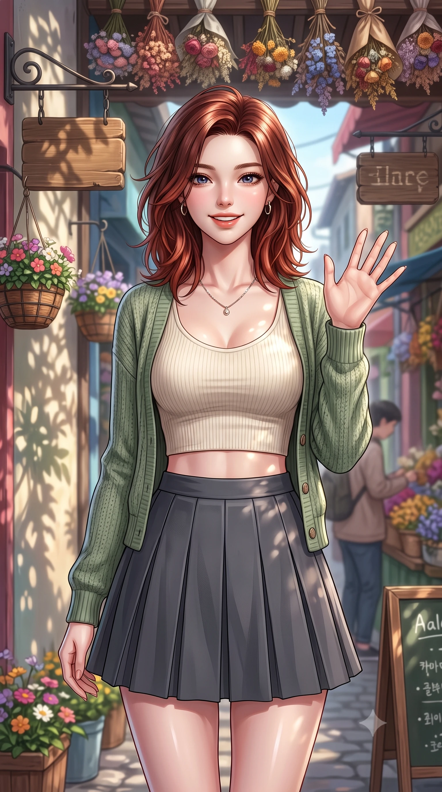 score_9, masterpiece, best quality, ultra-detailed, high-budget anime keyframe, editorial fashion photography, tasteful artistic composition, Korean woman. close-up cowboy shot from the waist and thighs up, the character dominates the composition, filling the frame with her large presence, background elements kept in soft focus. flashing a sweet, beaming smile while waving one hand gently toward the camera set against a soft-focus background of in a colorful alley decorated with hanging flower baskets and wooden signs with a display of colorful dried flower bouquets hanging from the shop roof. She has an exceptionally elegant, slender, and willowy female figure with an ultra-slim waist, a gracefully sculpted slender torso, and a refined silhouette. sharp v-shaped jawline, high-bridge nose, intricate jewel-like eyes with depth, thick eyelashes, glossy lips with a natural sheen. wearing body-hugging crop top under an open knit cardigan, paired with a high-waist pleated A-line skirt. dappled sunlight casting soft leaf shadows on the shop walls and her skin. ultra-reflective glossy finish, specular highlights, metallic sheen, high-contrast stereoscopic depth, volumetric dynamic lighting, 2k, ultra detail, master piece, 9:16 ratio