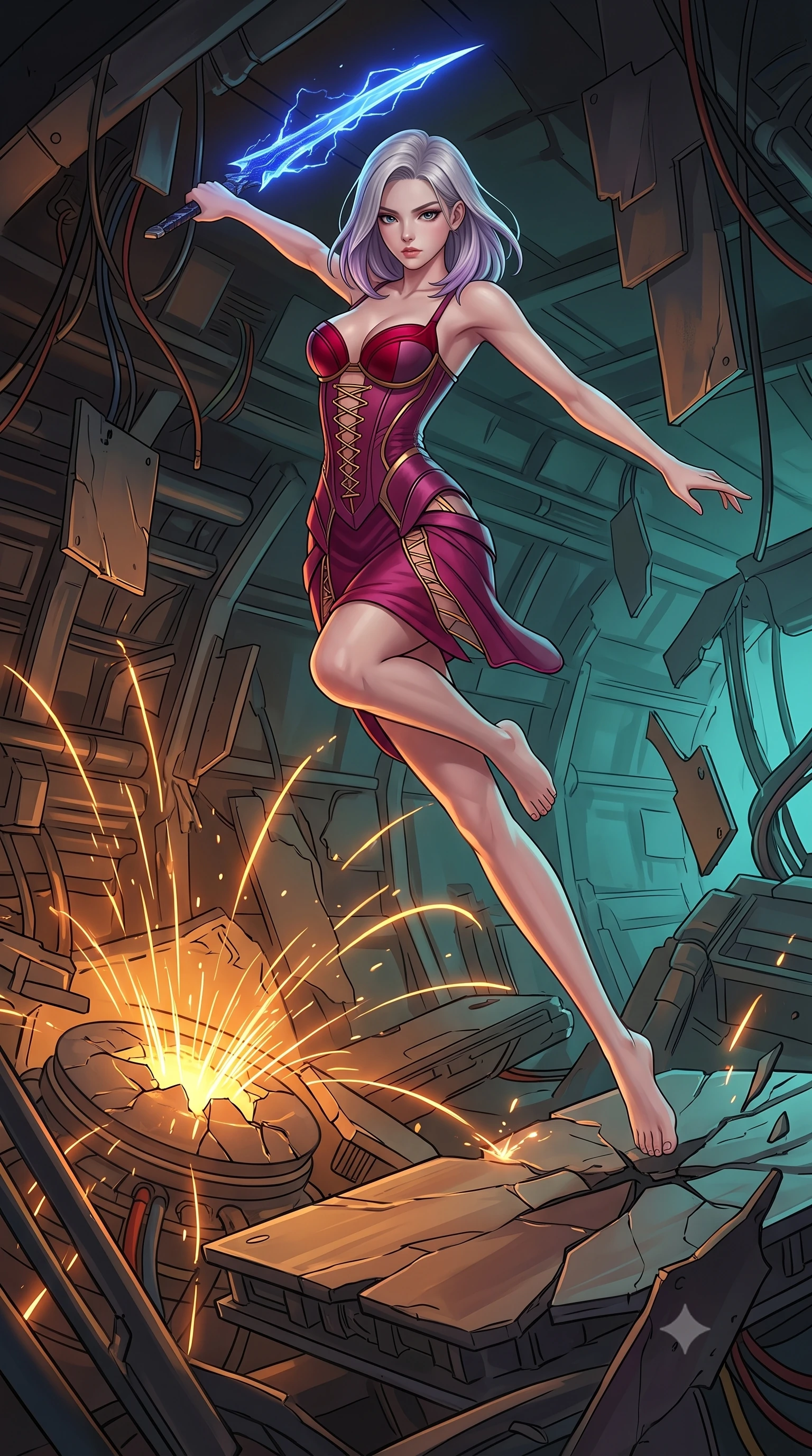 score_9, masterpiece, best quality, ultra-detailed, high-budget anime keyframe, editorial fashion photography, tasteful artistic composition, Caucasian woman, strictly human ears. low angle full-body shot from head to toe showing her feet, filling the entire 9:16 vertical frame with her statuesque presence, stretching her vertical silhouette. leaping aggressively down onto an enemy platform with her energy blade drawn to strike within the ruined engine room of a wrecked cruiser, sparks arcing from the cracked reactor core and metal plates hanging loose. She has a statuesque 8.5-heads proportion, an exceptionally tall, slender and willowy model-like build with impossibly long legs and a highly sculpted ultra-slim waist. sharp v-shaped jawline, high-bridge nose, intricate jewel-like eyes with depth, thick eyelashes, glossy lips with a natural sheen. wearing tailored for maximum mobility, sleek form-contouring panels that allow fluid movement, a form-contouring deconstructed corset dress in deep magenta with exposed gold lacing and structured crimson cups. highly saturated vibrant anime colors, intense vivid color palette, soft 3D volumetric shading, volumetric dynamic lighting, warm amber rim lighting combined with cool teal fill light creating dramatic contrast. 2k, ultra detail, master piece, 9:16 ratio