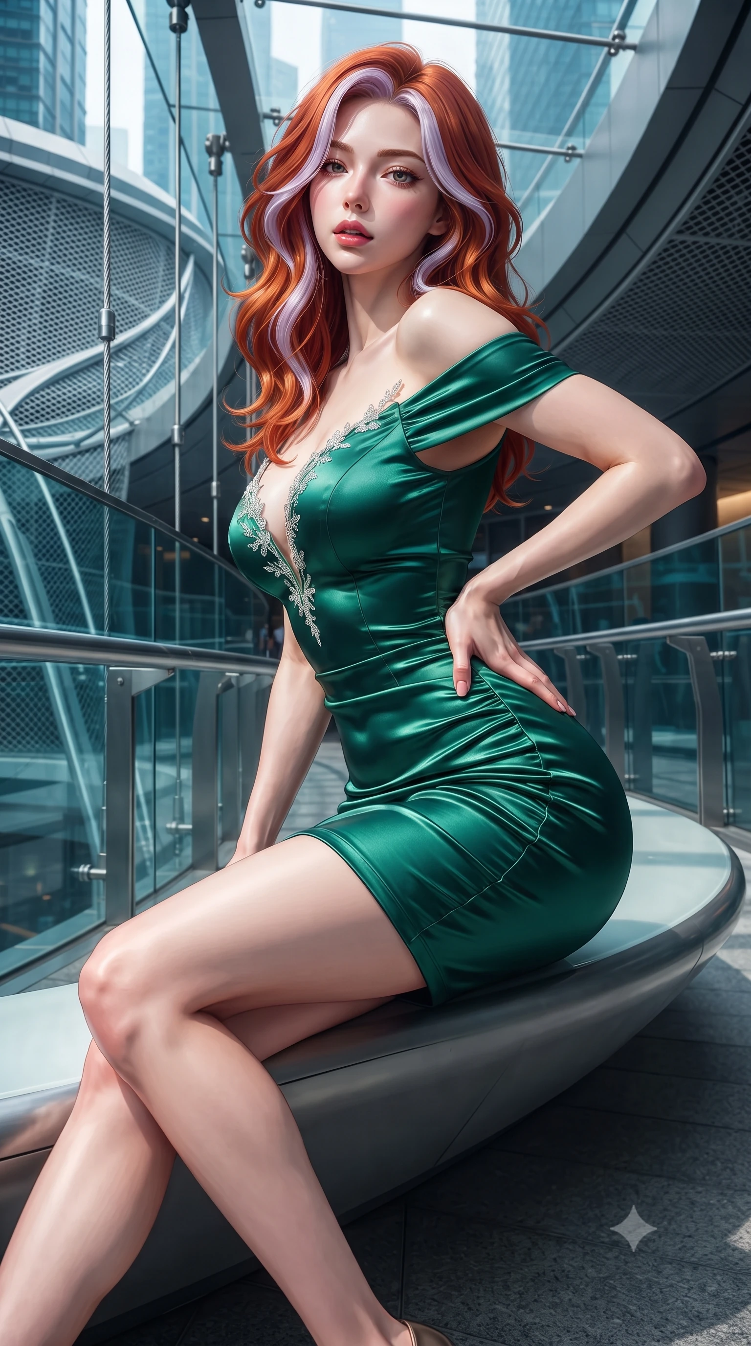 score_9, masterpiece, best quality, ultra-detailed, high-budget anime keyframe, editorial fashion photography, tasteful artistic composition, Caucasian woman. close-up cowboy shot from the waist and thighs up, the character dominates the composition, filling the frame with her large presence. posing in an alluring rear three-quarter angle, arching her lower back in a pronounced S-curve with one hand on her hip, glancing seductively over her bare shoulder with parted glossy lips while perching on the curved architectural skyway bench, long slender legs crossed and torso angled back to display her flat midriff and slender hourglass curves. The surrounding environment is rendered in vivid detail and crisp panoramic clarity. sharp skyway glass panel joints, stainless steel suspension cables, and futuristic architectural mesh in deep focus. She has an exceptionally elegant, slender, and willowy female figure with an ultra-slim waist, flat toned midriff, narrow ribcage, and sculpted feminine hips creating an alluring, slim hourglass silhouette without bulk. sharp v-shaped jawline, high-bridge nose, intricate jewel-like eyes with depth, thick eyelashes, glossy parted lips with a natural sheen, intensely captivating and seductive bedroom-eyes expression, flawlessly proportioned anatomical accuracy, strict slender model proportions, natural body alignment, perfectly sculpted long slender limbs, ultra-slim waistline, clean dynamic posture without body distortion. wearing a form-contouring cocktail dress with an asymmetrical open shoulder and hip-defining ruching in deep emerald green satin and gold hardware, tailored from ultra-smooth duchess satin with a pearlescent sheen, finished with delicate crystal frost embroidery tracing the plunging neckline, the second-skin form-contouring cut accentuating her sculpted flat midriff, narrow delicate ribcage, and gracefully curvy hips with supermodel precision. surrounded by a visionary, electrifying, and breathlessly magnificent eco-metropolis queen aura. ultra-reflective glossy finish, specular highlights, rich textural contrasts, high-contrast stereoscopic depth, volumetric dynamic lighting, 2k, ultra detail, master piece, 9:16 ratio
