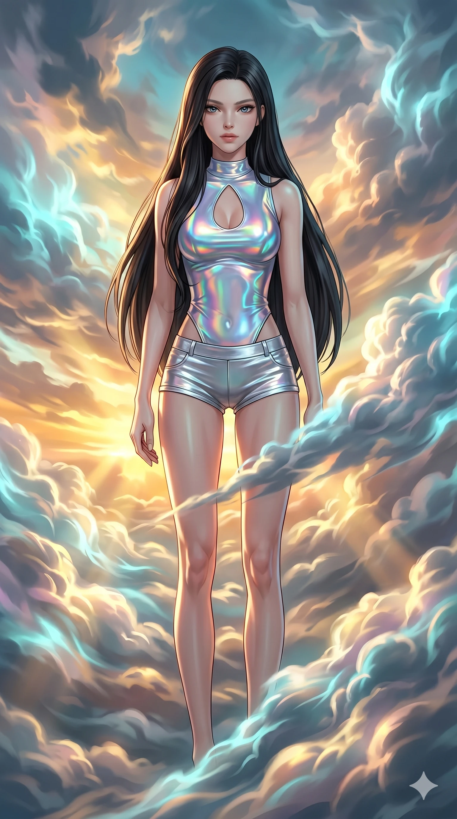 score_9, masterpiece, best quality, ultra-detailed, high-budget anime keyframe, Japanese woman. low angle full-body shot filling the entire 9:16 frame with her statuesque presence, stretching the vertical silhouette. threading through a volumetric cloud weave where storm clouds are spun like silk thread under a dramatic sunset glow. She has an absolutely perfect 8-heads proportion, an exceptionally tall and slender female figure with impossibly long slender legs and an ultra-slim waist. V-shaped jawline, high-bridge nose, intricate jewel-like eyes with depth, thick eyelashes, glossy lips with a natural sheen.. wearing a holographic liquid silk vest and silver metallic micro-shorts, featuring a keyhole cutout and form-fitting silhouette. showcasing a beautiful play of light and shadow, with warm golden rays clashing against cool cyan highlights. 2k, ultra detail, master piece, 9:16 ratio