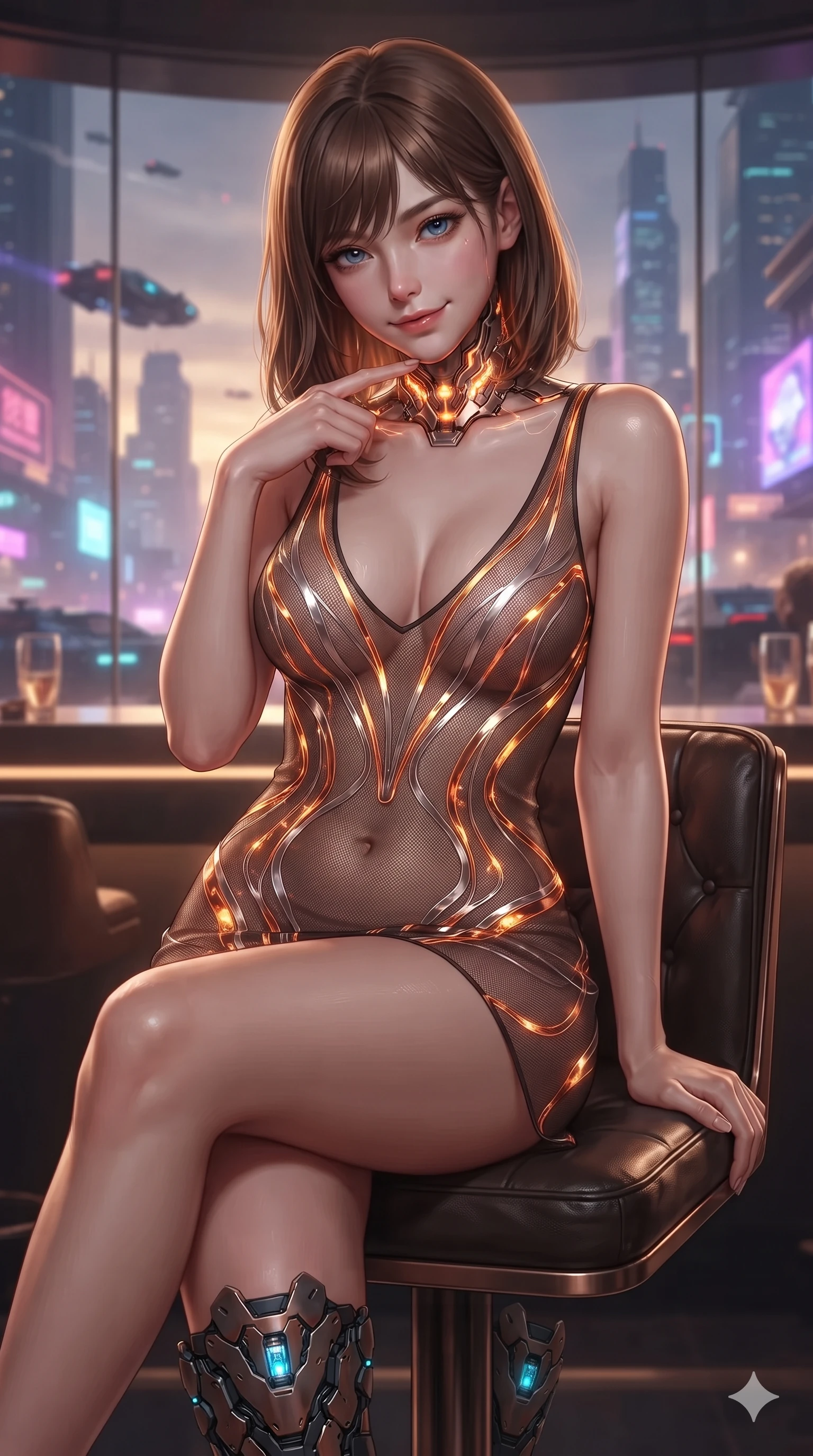 score_9, masterpiece, best quality, ultra-detailed, high-budget anime keyframe, editorial fashion photography, tasteful artistic composition, Korean woman. close-up cowboy shot from the waist and thighs up, the character dominates the composition, filling the frame with her large presence. tilting her head with a teasing half-smile, running one finger slowly along her glowing comm-link collar in a flirtatious gesture while perched gracefully on a high leather bar stool with legs crossed, flashing an enchanting, playful smile with parted glossy lips. The background shows a soft-focus champagne ambient haze softened in suspended VIP pavilion shallow focus. She has an exceptionally elegant, slender, and willowy female figure with an ultra-slim waist, flat toned midriff, narrow ribcage, and sculpted feminine hips creating an alluring, slim hourglass silhouette without bulk. sharp v-shaped jawline, high-bridge nose, intricate jewel-like sparkling eyes with depth, thick eyelashes, glossy parted lips with a natural sheen, bright confident smile with an enchanting and coquettish sensual glint, exuding both youthful magnetic charm and sovereign high-tech allure, flawlessly proportioned anatomical accuracy, strict slender model proportions, natural body alignment, perfectly sculpted long slender limbs, ultra-slim waistline, clean dynamic posture without body distortion. wearing a plunge-front sheer illusion technical mesh slip dress with liquid platinum ribbon stripes hugging her curves in fiery geothermal copper and molten amber glow, crafted from sheer technical cyber-lace reinforced with ultra-thin Kevlar threads, complemented by sleek cybernetic thigh holsters with illuminated power cells, the impeccably tailored cut draping gracefully along her slender figure with aristocratic poise. bathed in the dazzling panoramic ambient glow of the multi-tiered neon metropolis filtered through panoramic glass. ultra-reflective glossy finish, specular highlights, rich textural contrasts, high-contrast stereoscopic depth, volumetric dynamic lighting, 2k, ultra detail, master piece, 9:16 ratio