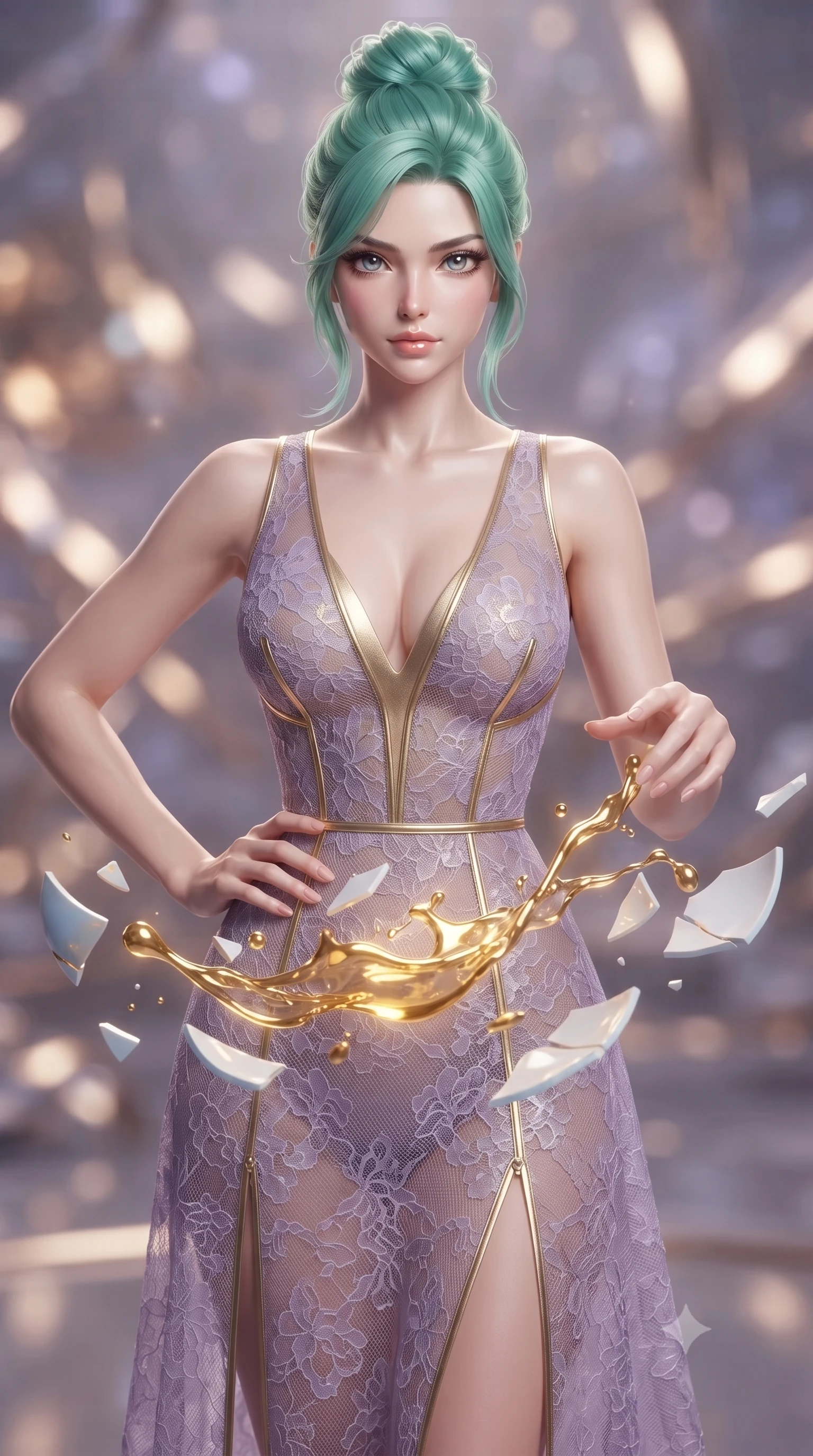 score_9, masterpiece, best quality, ultra-detailed, high-budget anime keyframe, editorial fashion photography, tasteful artistic composition, Japanese woman. close-up cowboy shot from the waist and thighs up, the character dominates the composition, filling the frame with her large presence, background elements kept in soft focus. Holding a confident power pose with one hand on her hip, guiding viscous golden kintsugi liquid hovering between shattered opal ceramic shards, shattered porcelain shards suspended gracefully in zero-gravity. She has an exceptionally elegant, slender, and willowy female figure with an ultra-slim waist, a gracefully sculpted slender torso, and a refined silhouette. sharp v-shaped jawline, high-bridge nose, intricate jewel-like eyes with depth, thick eyelashes, glossy lips with a natural sheen. wearing gothic nebula sheer lavender lace gown with plunging neckline in champagne gold, made of fine silver contouring mesh, finished with metallic gold boning and sleek zipper points, following her slender form with tailored precision. surrounded by a soft radiant inner glow and crisp metallic gold highlights. ultra-reflective glossy finish, specular highlights, metallic sheen, high-contrast stereoscopic depth, volumetric dynamic lighting, 2k, ultra detail, master piece, 9:16 ratio