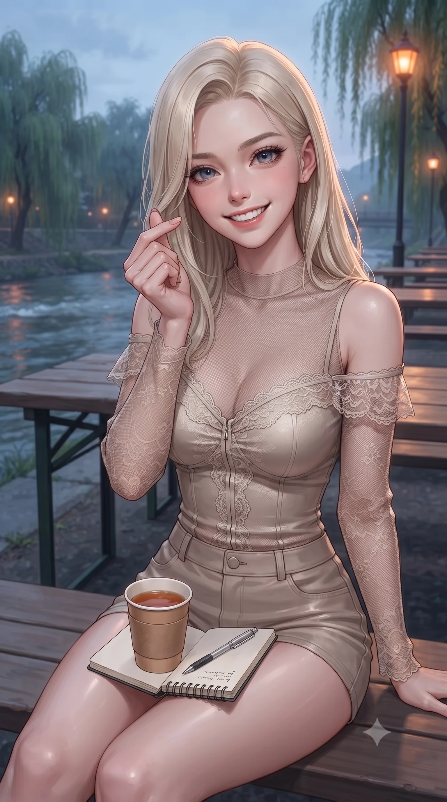 score_9, masterpiece, best quality, ultra-detailed, high-budget anime keyframe, editorial fashion photography, tasteful artistic composition, Caucasian woman. close-up cowboy shot from the waist and thighs up, the character dominates the composition, filling the frame with her large presence, background elements kept in soft focus. flashing a bright, sunny grin, holding her fingers in a cute small heart shape set against a soft-focus background of at a riverside picnic area with wooden tables under weeping willow trees with a paper cup of warm tea and a small sketchbook on her lap. She has an exceptionally elegant, slender, and willowy female figure with an ultra-slim waist, a gracefully sculpted slender torso, and a refined silhouette. sharp v-shaped jawline, high-bridge nose, intricate jewel-like eyes with depth, thick eyelashes, glossy lips with a natural sheen. wearing form-contouring delicate lace-trim off-shoulder blouse paired with a sheer mesh overlay and form-contouring mini shorts. cool twilight sky glow contrasting with the warm orange light of streetlamps. ultra-reflective glossy finish, specular highlights, metallic sheen, high-contrast stereoscopic depth, volumetric dynamic lighting, 2k, ultra detail, master piece, 9:16 ratio