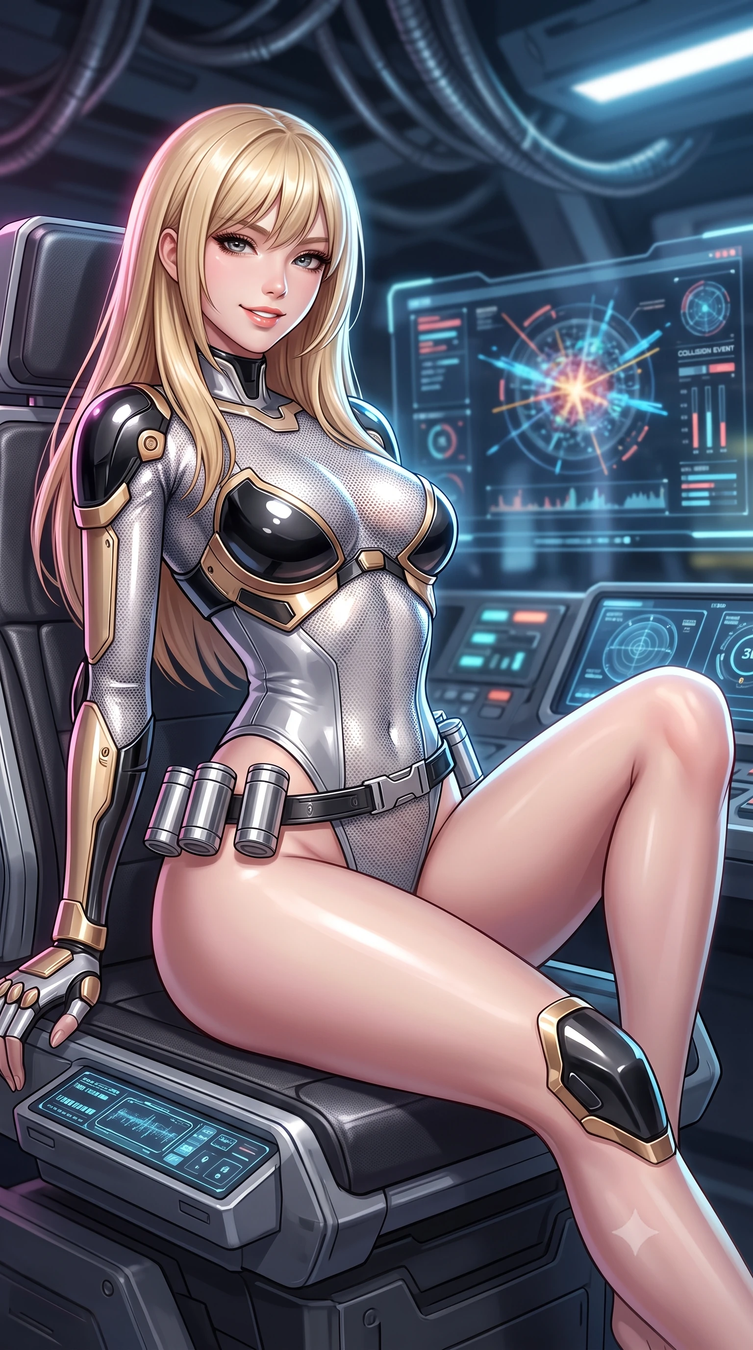 score_9, masterpiece, best quality, ultra-detailed, high-budget anime keyframe, semi-realistic 3D game render, editorial fashion photography, tasteful artistic composition, Japanese woman. close-up cowboy shot from the waist and thighs up, the character dominates the composition, filling the frame with her large presence. turning slowly with a smoldering smile, her sleek hair catching the cockpit HUD rim light as her hips angle gracefully in a captivating contrapposto while lounging gracefully on a diagnostics terminal seat with legs extended, displaying her long slender limbs and toned flat midriff with majestic poise. The background shows a soft-focus overhead cryogenic coolant lines and holographic collision event displays softened in cutting-edge physics facility shallow focus. She has an exceptionally elegant, slender, and willowy female figure with an ultra-slim waist, flat toned midriff, narrow ribcage, and sculpted feminine hips creating an alluring, slim hourglass silhouette without bulk. sharp v-shaped jawline, high-bridge nose, intricate jewel-like sparkling eyes with depth, thick eyelashes, glossy parted lips with a natural sheen, bright confident smile with an enchanting and coquettish sensual glint, exuding both youthful magnetic charm and sovereign high-tech allure, flawlessly proportioned anatomical accuracy, strict slender model proportions, natural body alignment, perfectly sculpted long slender limbs, ultra-slim waistline, clean dynamic posture without body distortion. wearing a form-contouring delicate silver nano-mesh bodysuit with strategically placed chrome armor plate guards covering key curves in glossy onyx black and warm champagne gold hardware, tailored from ultra-reflective glossy liquid vinyl with mirror-like specular highlights, accented with a sleek utility belt with polished magnetic canisters resting loosely on her curvy hips, the form-contouring cut accentuating her sculpted flat midriff, narrow delicate ribcage, and gracefully curvy hips with cybernetic supermodel precision. illuminated by instrument status LEDs and sharp platinum rim lights carving her razor-sharp jawline, narrow waist, and curvy hips. highly saturated vibrant anime colors, detailed shading with soft gradients, rich glossy textures, high-contrast stereoscopic depth, volumetric dynamic lighting, master piece, 9:16 ratio