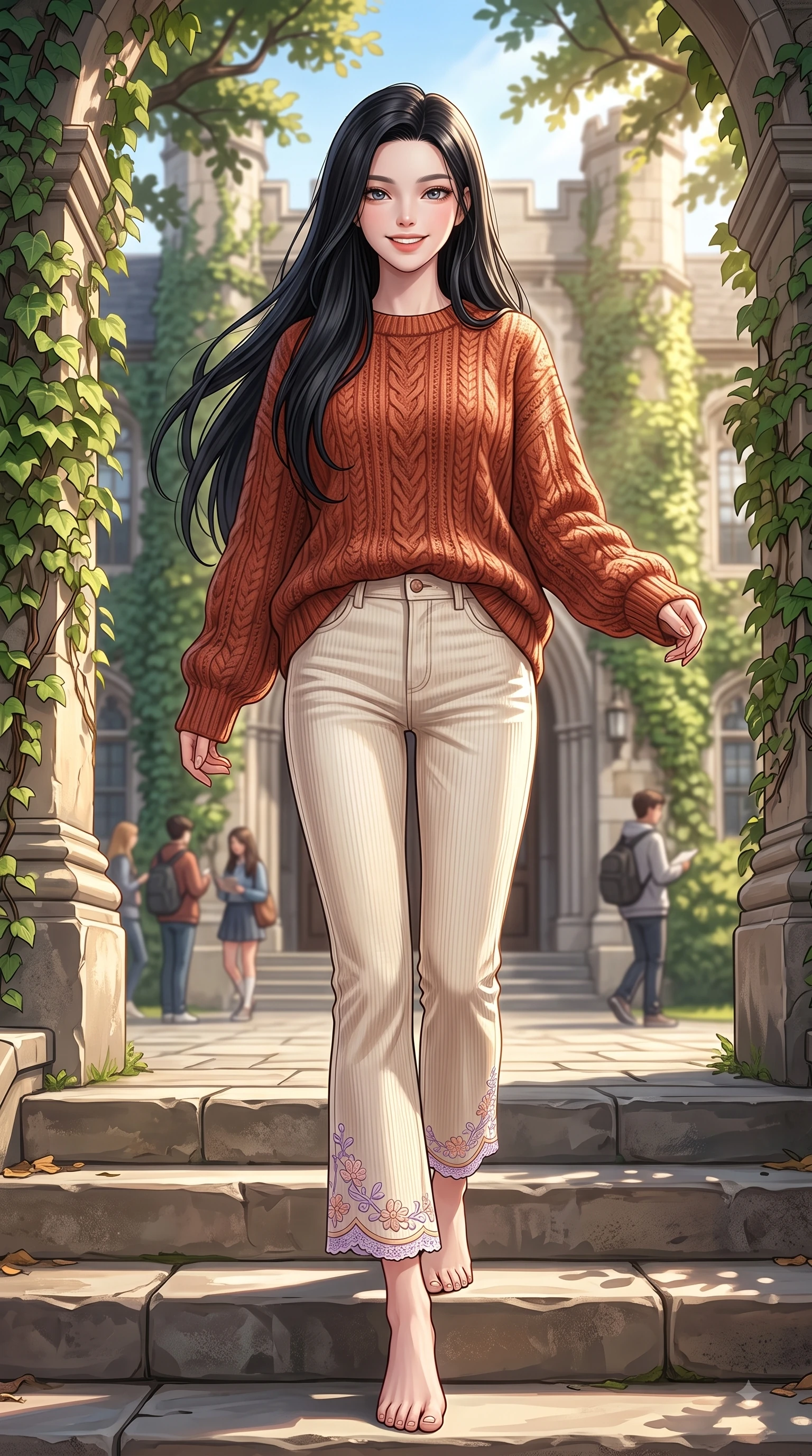 score_9, masterpiece, best quality, ultra-detailed, high-budget anime keyframe, editorial fashion photography, tasteful artistic composition, Korean woman. low angle full-body shot from head to toe showing her feet, filling the entire 9:16 vertical frame with her statuesque presence, stretching her vertical silhouette. stepping forward gracefully in mid-motion with a delighted cute expression, displaying her statuesque model proportions while pivoting dynamically on the stone steps of an ivy-draped academic hall with a radiant girlhood smile. The surrounding environment is rendered in vivid detail and crisp panoramic clarity. bright spring sunbeams illuminating campus stone steps and oak trees with environmental clarity. She has an absolutely perfect, statuesque 8.5-heads proportion, an exceptionally tall and slender model-like female figure with impossibly long slender legs and an ultra-slim waist. sharp v-shaped jawline, high-bridge nose, intricate jewel-like eyes with depth, thick eyelashes, glossy lips with a natural sheen, flawlessly proportioned anatomical accuracy, natural body alignment, perfectly sculpted elegant limbs, clean dynamic posture without body distortion. wearing an oversized terracotta knit jumper over soft cream corduroy pants in pastel lilac and soft rose gold, crafted from soft breathable linen, complemented by delicate embroidered floral trim along the hem, the tailored casual silhouette highlighting her fresh and youthful presence. surrounded by an uplifting, fresh, and youthful academic atmosphere. highly saturated vibrant anime colors, detailed shading with soft gradients, rich glossy textures, high-contrast stereoscopic depth, volumetric dynamic lighting, master piece, 9:16 ratio