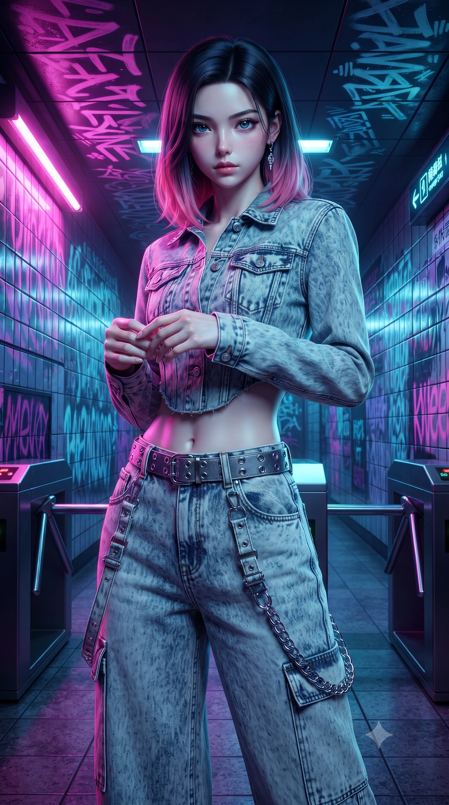 score_9, masterpiece, best quality, ultra-detailed, high-budget anime keyframe, editorial fashion photography, tasteful artistic composition, Korean woman. close-up cowboy shot from the waist and thighs up, the character dominates the composition, filling the frame with her large presence. holding her hands loosely in front with regal, aristocratic poise, radiating an overwhelming high-society aura while posing dynamically in a futuristic subway station corridor covered in glowing ultraviolet cyber-graffiti murals. The surrounding environment is rendered in vivid detail and crisp panoramic clarity. intricate ultraviolet graffiti lettering, reflective tiled walls, and metallic turnstile textures in deep focus. She has an exceptionally elegant, slender, and willowy female figure with an ultra-slim waist, a gracefully sculpted slender torso, toned flat midriff, and a refined slim silhouette. sharp v-shaped jawline, high-bridge nose, intricate jewel-like eyes with depth, thick eyelashes, glossy lips with a natural sheen, captivating and magnetic expression, flawlessly proportioned anatomical accuracy, strict slender model proportions, natural body alignment, perfectly sculpted long slender limbs, ultra-slim waistline, clean dynamic posture without body distortion. wearing a deconstructed denim corseted crop jacket paired with high-waisted wide-leg utility jeans and a silver grommet belt in acid-wash light denim and dark chrome, tailored from distressed structured cotton denim with metallic thread, accented with hanging industrial clip straps and chrome chain links edition #13, the form-contouring material adhering flawlessly to her sculpted flat midriff and slender torso, emphasizing her long leg lines and perfectly proportioned willowy build. bathed in high-contrast dual lighting of neon pink floodlights and electric cyan underlights. ultra-reflective glossy finish, specular highlights, rich textural contrasts, high-contrast stereoscopic depth, volumetric dynamic lighting, 2k, ultra detail, master piece, 9:16 ratio