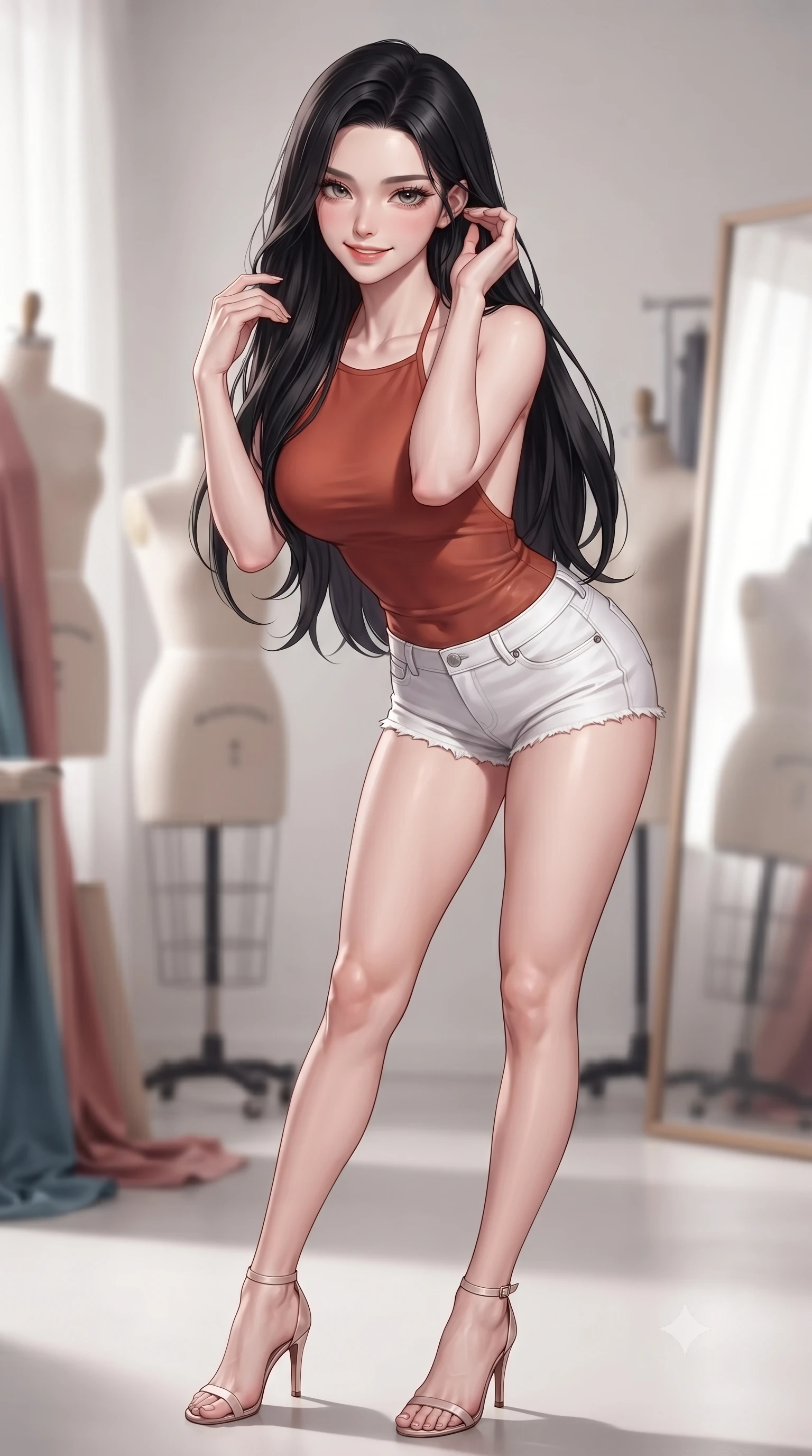 score_9, masterpiece, best quality, ultra-detailed, high-budget anime keyframe, editorial fashion photography, tasteful artistic composition, Korean woman. close-up cowboy shot from the waist and thighs up, the character dominates the composition, filling the frame with her large presence, background elements kept in soft focus. leaning slightly forward with a playful, teasing smile, her gaze locked onto the viewer the background shows a soft-focus a high-fashion atelier studio with dress forms, silk fabric bolts, and full-length mirrors. She has an exceptionally elegant, slender, and willowy female figure with an ultra-slim waist, a gracefully sculpted slender torso, and a refined silhouette. sharp v-shaped jawline, high-bridge nose, intricate jewel-like eyes with depth, thick eyelashes, glossy lips with a natural sheen. wearing a body-hugging backless halter top in terracotta red, paired with white denim micro-shorts. crisp studio key light highlighting rich glossy textures and tailored seams. ultra-reflective glossy finish, specular highlights, metallic sheen, high-contrast stereoscopic depth, volumetric dynamic lighting, 2k, ultra detail, master piece, 9:16 ratio