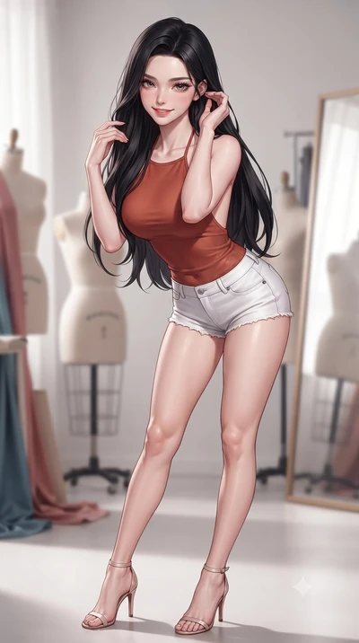 score_9, masterpiece, best quality, ultra-detailed, high-budget anime keyframe, editorial fashion photography, tasteful artistic composition, Korean woman. close-up cowboy shot from the waist and thighs up, the character dominates the composition, fi
