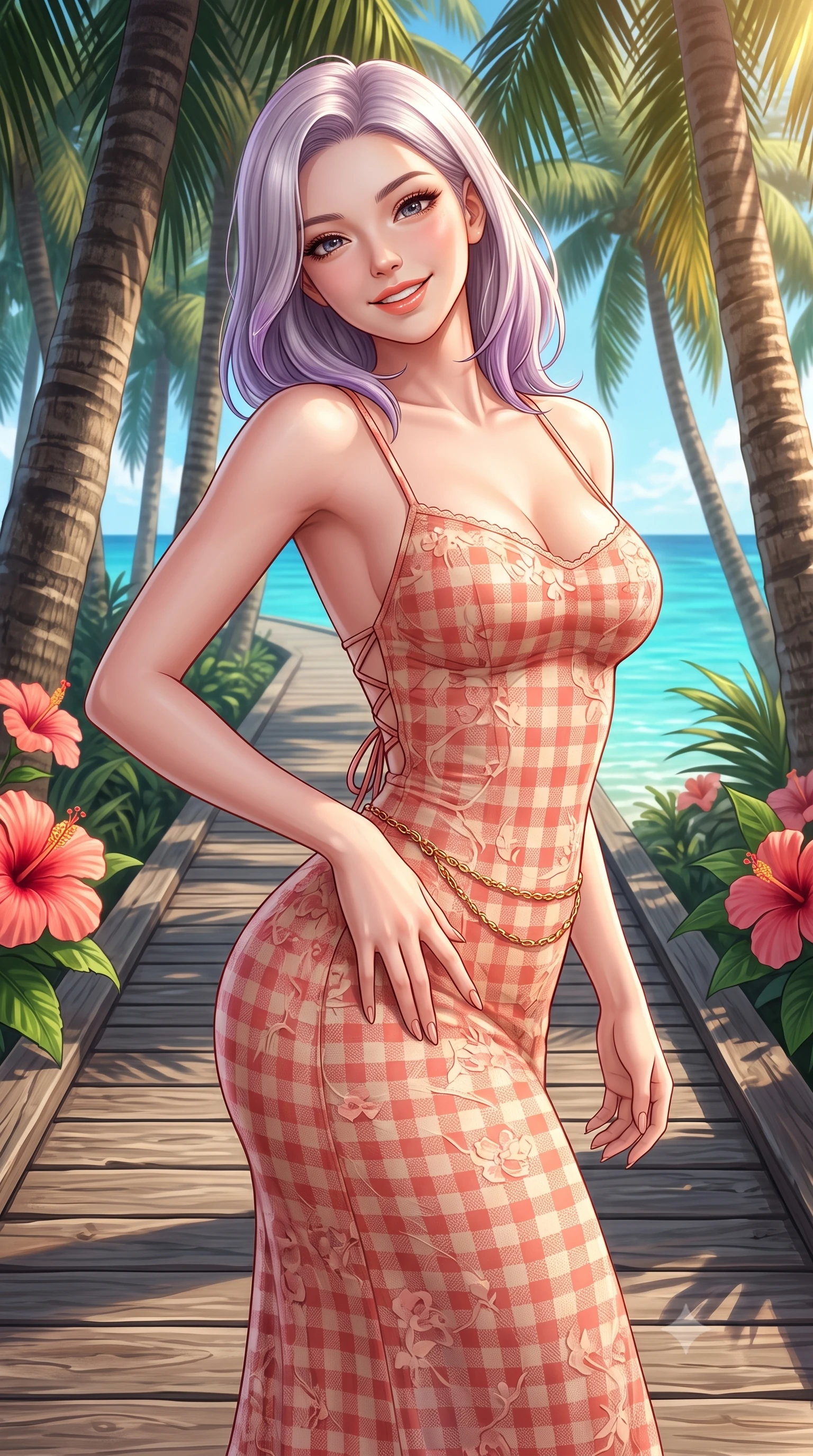 score_9, masterpiece, best quality, ultra-detailed, high-budget anime keyframe, semi-realistic 3D game render, editorial fashion photography, tasteful artistic composition, Caucasian woman. close-up cowboy shot from the waist and thighs up, the character dominates the composition, filling the frame with her large presence. tilting her head with a cute beaming smile while arching her spine with effortless dancer poise, one hand sliding along her hip line in a flirtatious S-curve while striding cheerfully along the wooden boardwalk leading through a shaded coconut palm grove, arching her back with an infectious sun-kissed smile. The surrounding environment is rendered in vivid detail and crisp panoramic clarity. sharp palm trunk textures, weathered timber boardwalk planks, and tropical hibiscus petal venation in deep focus. She has an exceptionally elegant, slender, and willowy female figure with an ultra-slim waist, flat toned midriff, narrow ribcage, and sculpted feminine hips creating an alluring, slim hourglass silhouette without bulk. sharp v-shaped jawline, high-bridge nose, intricate jewel-like sparkling eyes with depth, thick eyelashes, glossy parted lips with a natural peach sheen, bright cheerful beaming smile with an enchanting and coquettish sensual glint, exuding both youthful cute charm and seductive allure, flawlessly proportioned anatomical accuracy, strict slender model proportions, natural body alignment, perfectly sculpted long slender limbs, ultra-slim waistline, clean dynamic posture without body distortion. wearing a backless lace-up gingham sundress with a form-fitting bodice and hip-defining silhouette in warm coral pink and soft oatmeal beige, made of sheer contouring stretch lace with delicate floral patterns, accented with a delicate gold chain belt resting loosely on her curvy hips, the glove-like silhouette tightly following the natural contour of her hips and long slender legs with youthful 8.5-heads elegance. bathed in brilliant tropical afternoon golden sunlight and radiant turquoise water bounce fill. highly saturated vibrant anime colors, detailed shading with soft gradients, rich glossy textures, high-contrast stereoscopic depth, volumetric dynamic lighting, master piece, 9:16 ratio