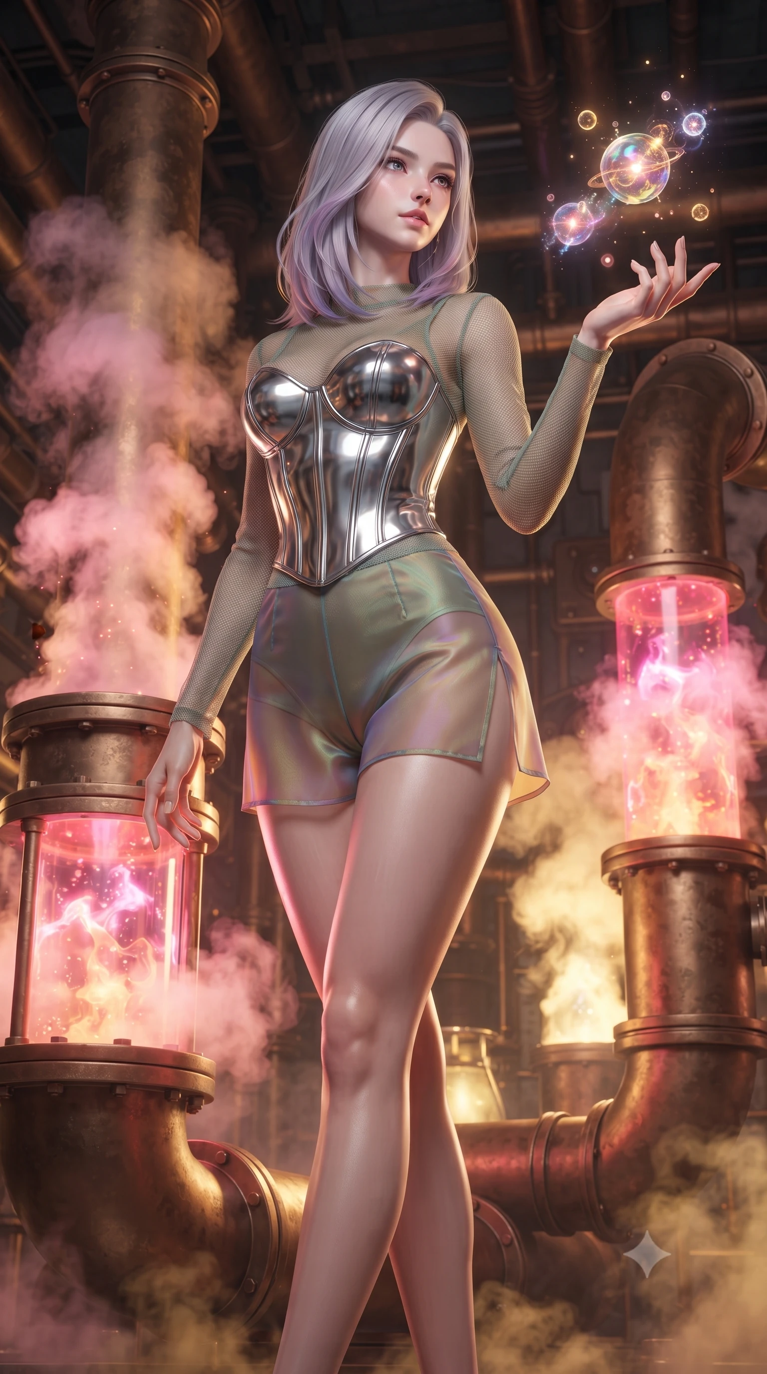 score_9, masterpiece, best quality, ultra-detailed, high-budget anime keyframe, editorial fashion photography, tasteful artistic composition, Caucasian woman. low angle full-body shot from head to toe showing her feet, filling the entire 9:16 vertical frame with her statuesque presence, stretching her vertical silhouette. interacting gracefully with the magical floating elements while maintaining a confident posture poised beside giant bronze steam pipes emitting pink and amber vapor clouds, boiling liquid aurora energy radiating intense hot pink and orange light. She has an absolutely perfect, statuesque 8.5-heads proportion, an exceptionally tall and slender model-like female figure with impossibly long slender legs and an ultra-slim waist. sharp v-shaped jawline, high-bridge nose, intricate jewel-like eyes with depth, thick eyelashes, glossy lips with a natural sheen. wearing a chrome-plated structured bodice worn over a sheer mesh top and micro-shorts in sage green and oatmeal, crafted from iridescent chiffon that shifts colors in the light, finished with a sleek side slit ascending to mid-thigh, the tailored fabric tightly following every curve of her athletic build. illuminated by golden steam radiance and dramatic underlighting. ultra-reflective glossy finish, specular highlights, metallic sheen, high-contrast stereoscopic depth, volumetric dynamic lighting, 2k, ultra detail, master piece, 9:16 ratio
