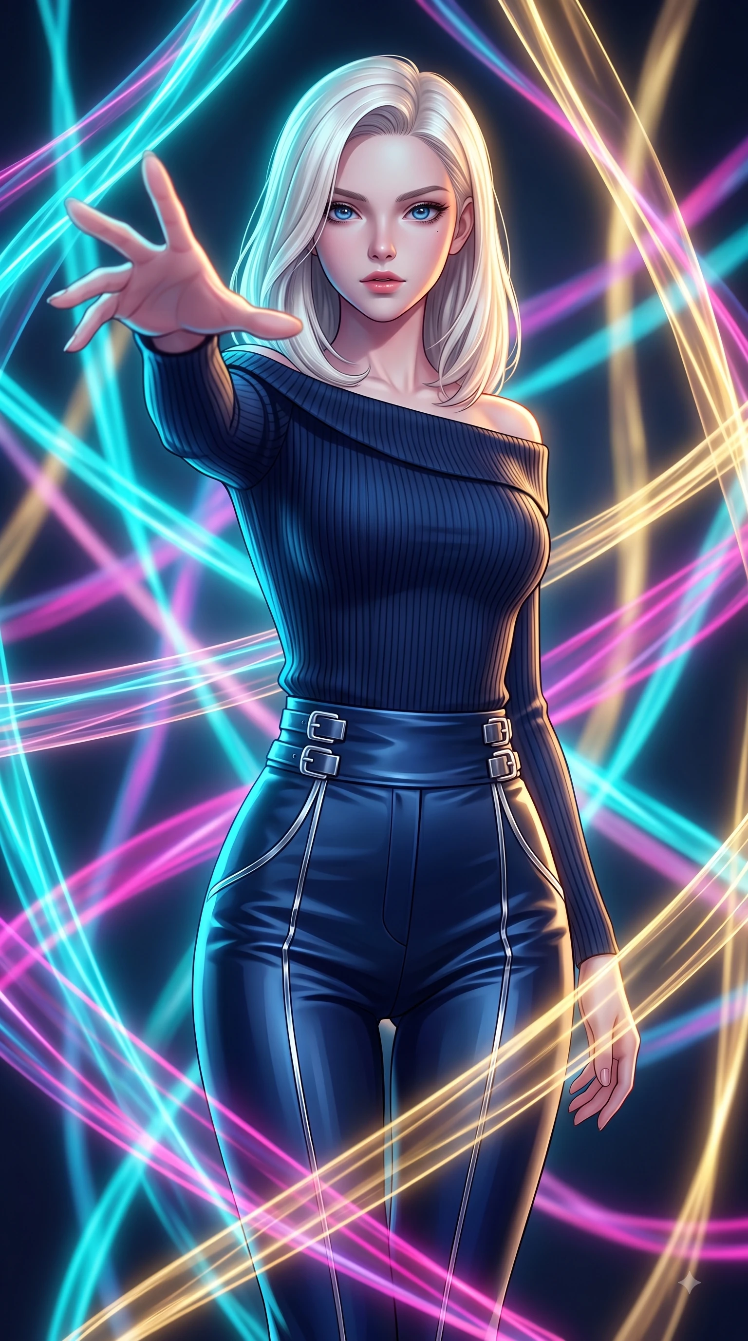 score_9, masterpiece, best quality, ultra-detailed, high-budget anime keyframe, editorial fashion photography, tasteful artistic composition, Caucasian woman. close-up cowboy shot from the waist and thighs up, the character dominates the composition, filling the frame with her large presence, background elements kept in soft focus. Reaching one arm gracefully toward the camera with magnetic poise, displaying her statuesque silhouette while navigating a maze of glowing silk ribbons that pulse to a cosmic rhythm with effortless grace, fluorescent cyan, magenta, and gold light threads crossing in 3D space. She has an exceptionally elegant, slender, and willowy female figure with an ultra-slim waist, a gracefully sculpted slender torso, and a refined silhouette. sharp v-shaped jawline, high-bridge nose, intricate jewel-like eyes with depth, thick eyelashes, glossy lips with a natural sheen, flawlessly proportioned anatomical accuracy, natural body alignment, perfectly sculpted elegant limbs, clean dynamic posture without body distortion. wearing a sleek off-shoulder ribbed knit top paired with high-waist tailored pants in midnight navy blue and chrome trim, crafted from smooth liquid silk, detailed with polished silver buckles along the waistline, the form-contouring material highlighting her ultra-slim waist and long lines. illuminated by the brilliant glow of cyan and gold luminescent plasma threads. highly saturated vibrant anime colors, detailed shading with soft gradients, rich glossy textures, high-contrast stereoscopic depth, volumetric dynamic lighting, master piece, 9:16 ratio