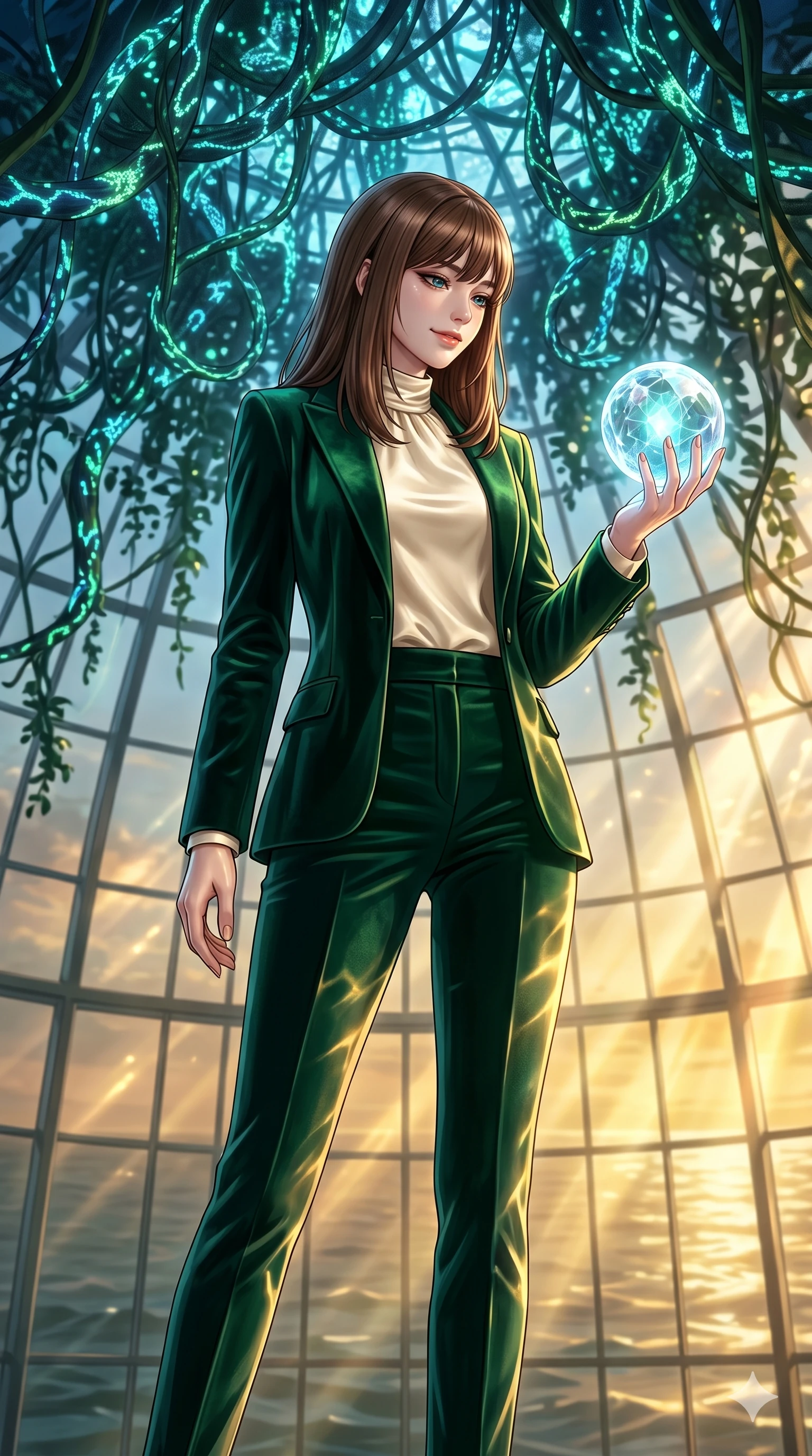 score_9, masterpiece, best quality, ultra-detailed, high-budget anime keyframe, editorial fashion photography, tasteful artistic composition, Korean woman. cowboy shot from the thighs up, character and outfit filling the frame for maximum editorial presence. holding a floating glowing crystal sphere in her hand, looking down with a serene and powerful smile in a botanical dome under a canopy of bioluminescent hanging vines (Code-P17-017). She has an absolutely perfect 8-heads proportion, an exceptionally tall and slender female figure with impossibly long slender legs and an ultra-slim waist. V-shaped jawline, high-bridge nose, intricate jewel-like eyes with depth, thick eyelashes, glossy lips with a natural sheen. wearing a tailored velvet blazer with matching trousers and a high-neck satin shirt. warm golden afternoon sunbeams reflecting off the ocean wave ripples, dancing across her skin. 2k, ultra detail, master piece, 9:16 ratio