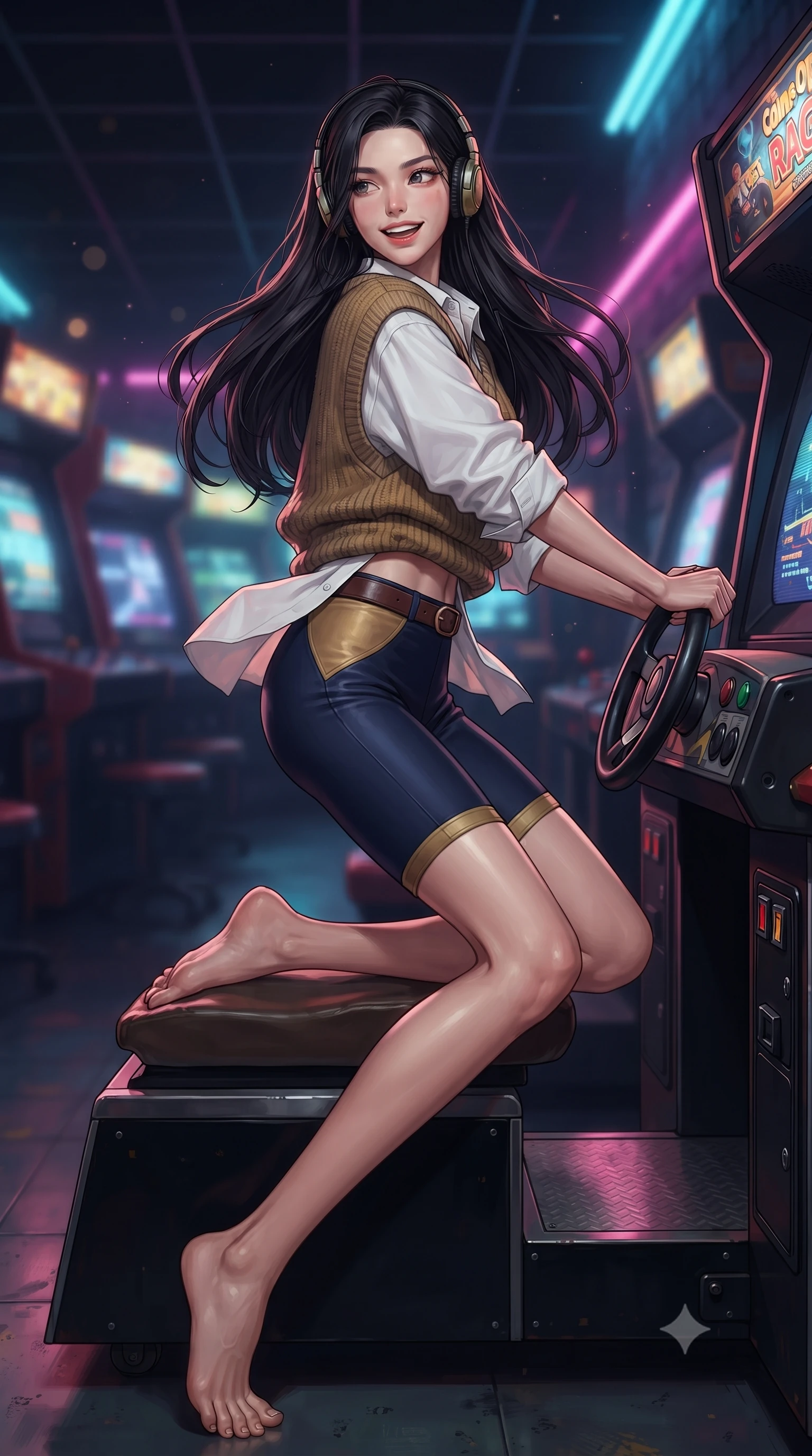 score_9, masterpiece, best quality, ultra-detailed, high-budget anime keyframe, editorial fashion photography, tasteful artistic composition, Korean woman. low angle full-body shot from head to toe showing her feet, filling the entire 9:16 vertical frame with her statuesque presence, stretching her vertical silhouette. executing an elegant mid-motion spin with effortless grace, her garments fluttering softly around her ultra-slim waistline while sitting on a coin-op racing game seat with steering wheel in hand, looking over her shoulder with an energetic, competitive grin. The composition keeps background elements in soft focus with creamy bokeh. flickering coin-slot lights and pixel scanline glints scattering vibrant nostalgic light motes. She has an absolutely perfect, statuesque 8.5-heads proportion, an exceptionally tall and slender model-like female figure with impossibly long slender legs, a toned flat midriff, and an ultra-slim waist. sharp v-shaped jawline, high-bridge nose, intricate jewel-like eyes with depth, thick eyelashes, glossy lips with a natural sheen, captivating and magnetic expression, flawlessly proportioned anatomical accuracy, strict slender model proportions, natural body alignment, perfectly sculpted long slender limbs, ultra-slim waistline, clean dynamic posture without body distortion. wearing an oversized 90s knit sweater vest worn over a crisp white boyfriend shirt and cycling shorts in deep navy blue and vintage brass gold, crafted from distressed supple genuine leather and soft ribbed cotton knit, accessorized with a classic leather belt with brass buckle and retro on-ear foam headphones, the sleek tailored cut tightly hugging her graceful clavicle, narrow waist, and feminine curves with statuesque precision. bathed in multicolored arcade screen glows and vibrant neon alleyway downlights. ultra-reflective glossy finish, specular highlights, rich textural contrasts, high-contrast stereoscopic depth, volumetric dynamic lighting, 2k, ultra detail, master piece, 9:16 ratio