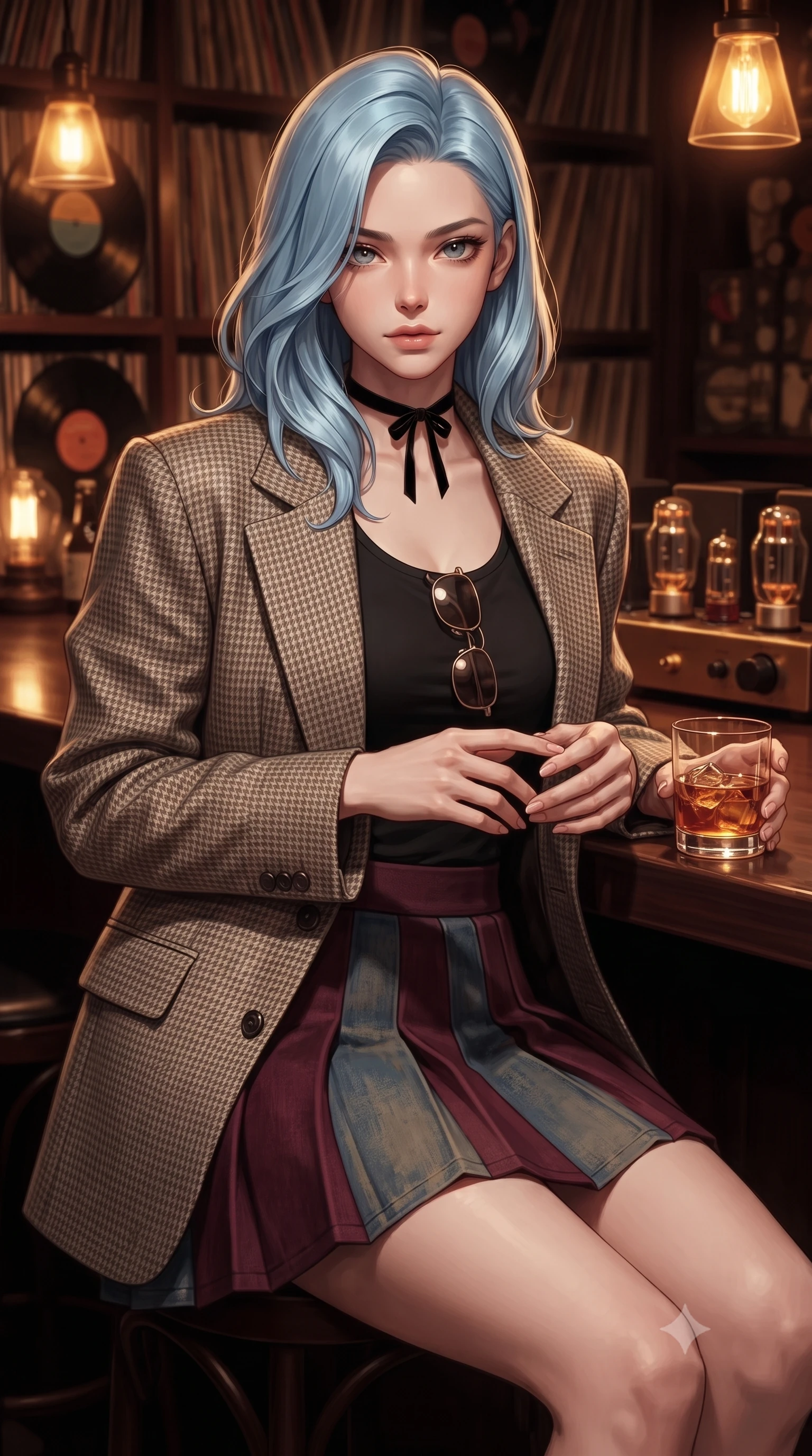 score_9, masterpiece, best quality, ultra-detailed, high-budget anime keyframe, editorial fashion photography, tasteful artistic composition, Korean woman. close-up cowboy shot from the waist and thighs up, the character dominates the composition, filling the frame with her large presence. holding her hands loosely in front with regal, aristocratic poise, radiating an overwhelming high-society aura while sitting at the dark mahogany bar counter of an intimate jazz lounge, holding an amber drink with relaxed, classy elegance. The composition keeps background elements in soft focus with creamy bokeh. walls of vintage vinyl record spines and glowing vacuum tube amplifiers blurred into rich mahogany, amber, and whiskey-gold bokeh. She has an exceptionally elegant, slender, and willowy female figure with an ultra-slim waist, a gracefully sculpted slender torso, toned flat midriff, and a refined slim silhouette. sharp v-shaped jawline, high-bridge nose, intricate jewel-like eyes with depth, thick eyelashes, glossy lips with a natural sheen, captivating and magnetic expression, flawlessly proportioned anatomical accuracy, strict slender model proportions, natural body alignment, perfectly sculpted long slender limbs, ultra-slim waistline, clean dynamic posture without body distortion. wearing a tailored 90s houndstooth oversized blazer over a simple scoop-neck top and a high-waisted pleated wool mini-skirt in rich wine burgundy and faded vintage blue, tailored from fine British wool tweed and comfortable stretch cotton, finished with a delicate black velvet ribbon choker and vintage sunglasses, the form-contouring material adhering flawlessly to her sculpted flat midriff and slender torso, emphasizing her long leg lines and perfectly proportioned willowy build. bathed in warm amber incandescent lamp glow and golden vacuum tube ambient warmth. ultra-reflective glossy finish, specular highlights, rich textural contrasts, high-contrast stereoscopic depth, volumetric dynamic lighting, 2k, ultra detail, master piece, 9:16 ratio