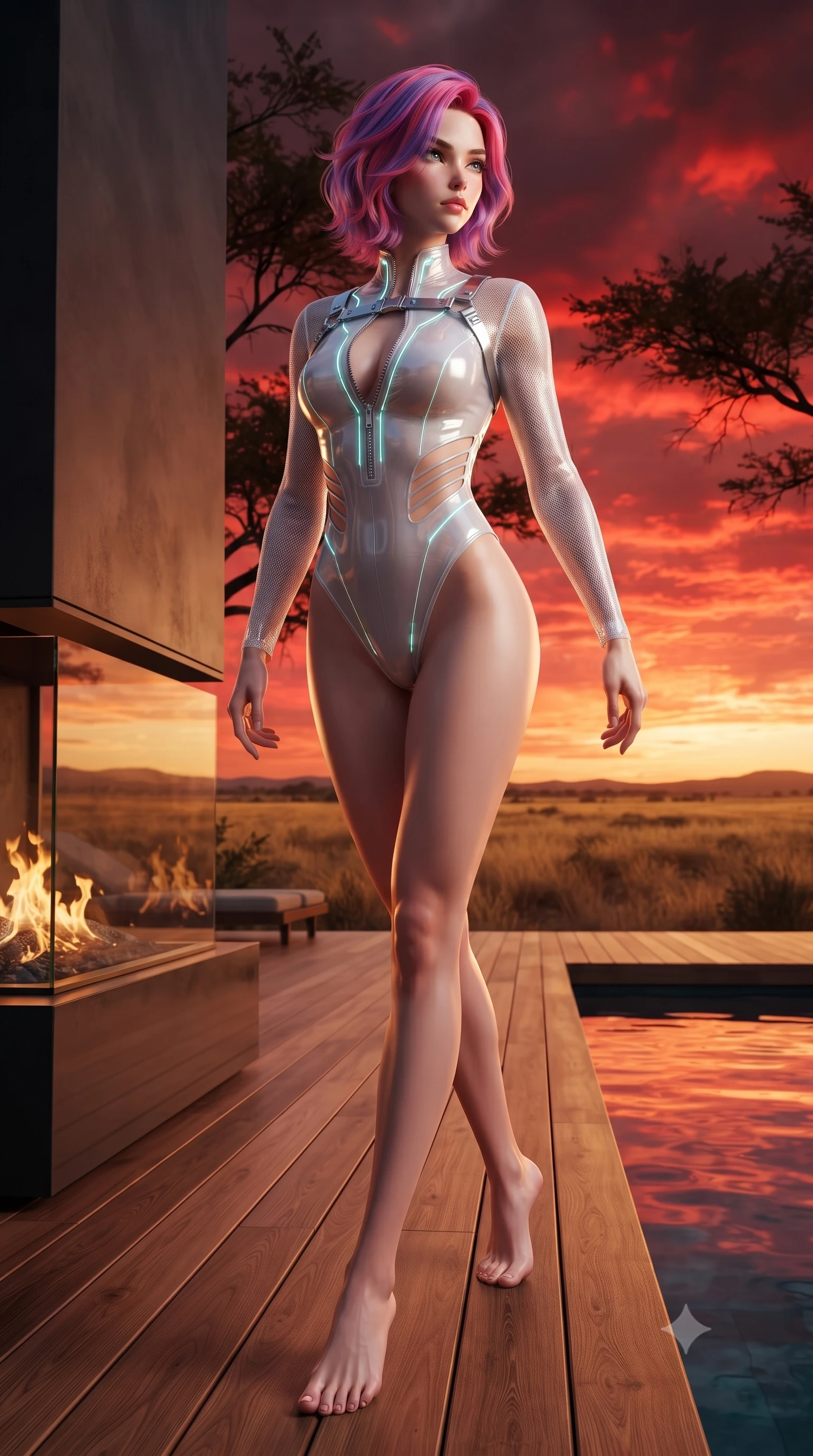 score_9, masterpiece, best quality, ultra-detailed, high-budget anime keyframe, editorial fashion photography, tasteful artistic composition, Caucasian woman. low angle full-body shot from head to toe showing her feet, filling the entire 9:16 vertical frame with her statuesque presence, stretching her vertical silhouette. striding forward in a proud, statuesque motion with a dangerous smolder, her vertical silhouette dominating the frame from head to toe while pivoting dynamically near a modern glass fireplace overlooking the vast golden plains under a fiery crimson sky. The surrounding environment is rendered in vivid detail and crisp panoramic clarity. crisp teak wood deck grain, acacia tree branch silhouettes, and calm pool water reflections in deep focus. She has an absolutely perfect, statuesque 8.5-heads proportion, an exceptionally tall and slender model-like female figure with impossibly long slender legs, a toned flat midriff, and an ultra-slim waist. sharp v-shaped jawline, high-bridge nose, intricate jewel-like eyes with depth, thick eyelashes, glossy lips with a natural sheen, flawlessly proportioned anatomical accuracy, strict slender model proportions, natural body alignment, perfectly sculpted long slender limbs, ultra-slim waistline, clean dynamic posture without body distortion. wearing an ultra-sleek high-cut tech-bodysuit featuring dangerous diagonal slitted cutouts on the midriff and shoulders, reinforced by a metallic silver harness and sheer mesh sleeves in glistening liquid pearl white with rainbow opalescence, tailored from semi-translucent cybernetic vinyl with glowing micro-filaments, featuring a dangerously unzipped neckline framed by glowing cybernetic accents, the form-contouring material adhering flawlessly to her sculpted flat midriff and slender torso, emphasizing her long leg lines and perfectly proportioned willowy build. surrounded by an exotic, wild, and intensely magnetic safari luxury lifestyle aura. ultra-reflective glossy finish, specular highlights, metallic sheen, high-contrast stereoscopic depth, volumetric dynamic lighting, 2k, ultra detail, master piece, 9:16 ratio
