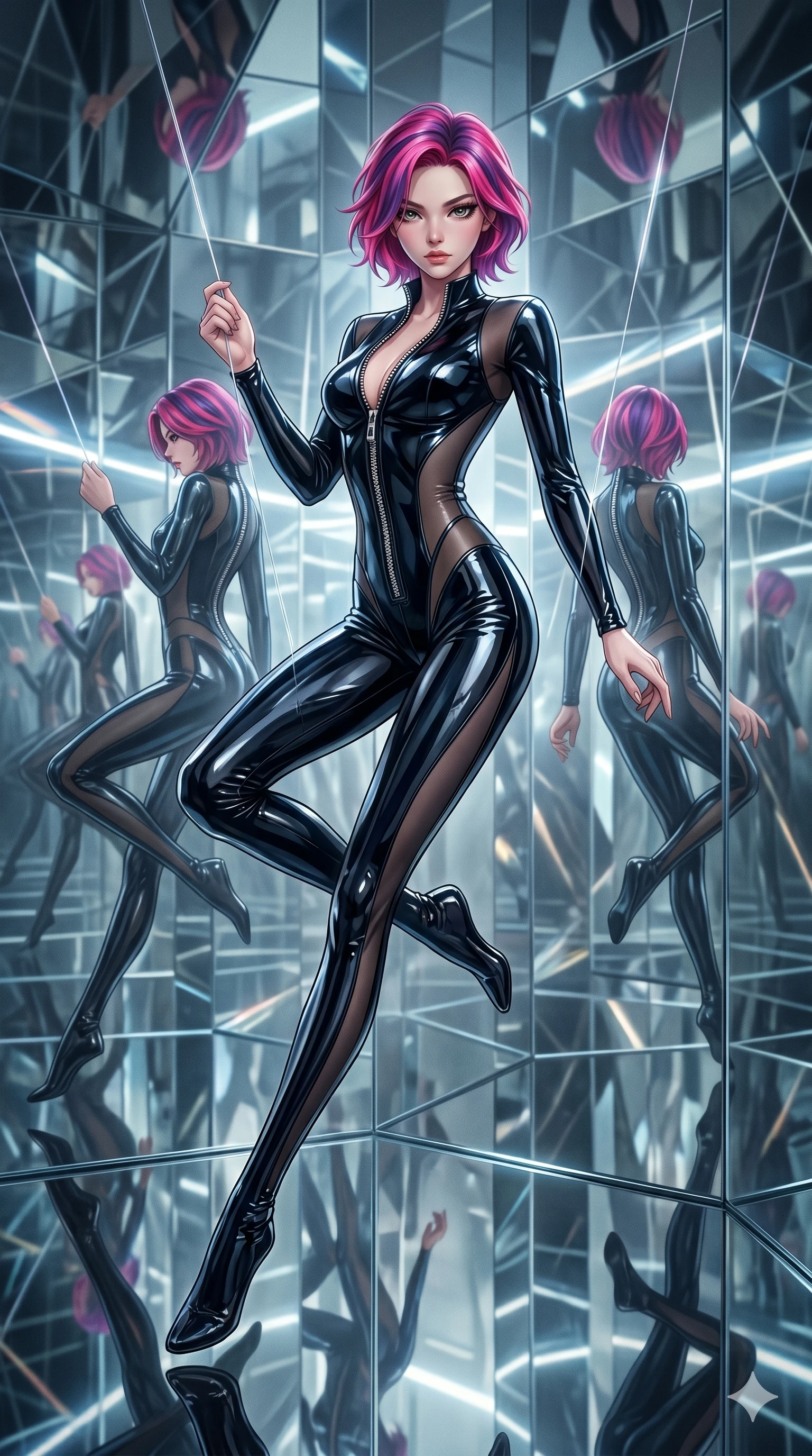 score_9, masterpiece, best quality, ultra-detailed, High-budget Anime Keyframe, East Asian woman. Dynamic full-body shot stretching the vertical silhouette to the limit. Scenario 286: Suspended by invisible silk threads in a hall of mirrors. Her presence is magnetic and overpowering in this high-budget anime scene. Outfit 286: A patent leather mesh with a unzipped detail and tight-fitting silhouette. The clothing is designed to emphasize her exceptionally tall and slender 8-heads proportion. 8-heads proportion, towering silhouette, ultra-slim waist. sharp v-shaped jawline, intricate jewel-like eyes with depth, thick eyelashes, glossy lips. 2k, ultra detail, master piece, 9:16 ratio