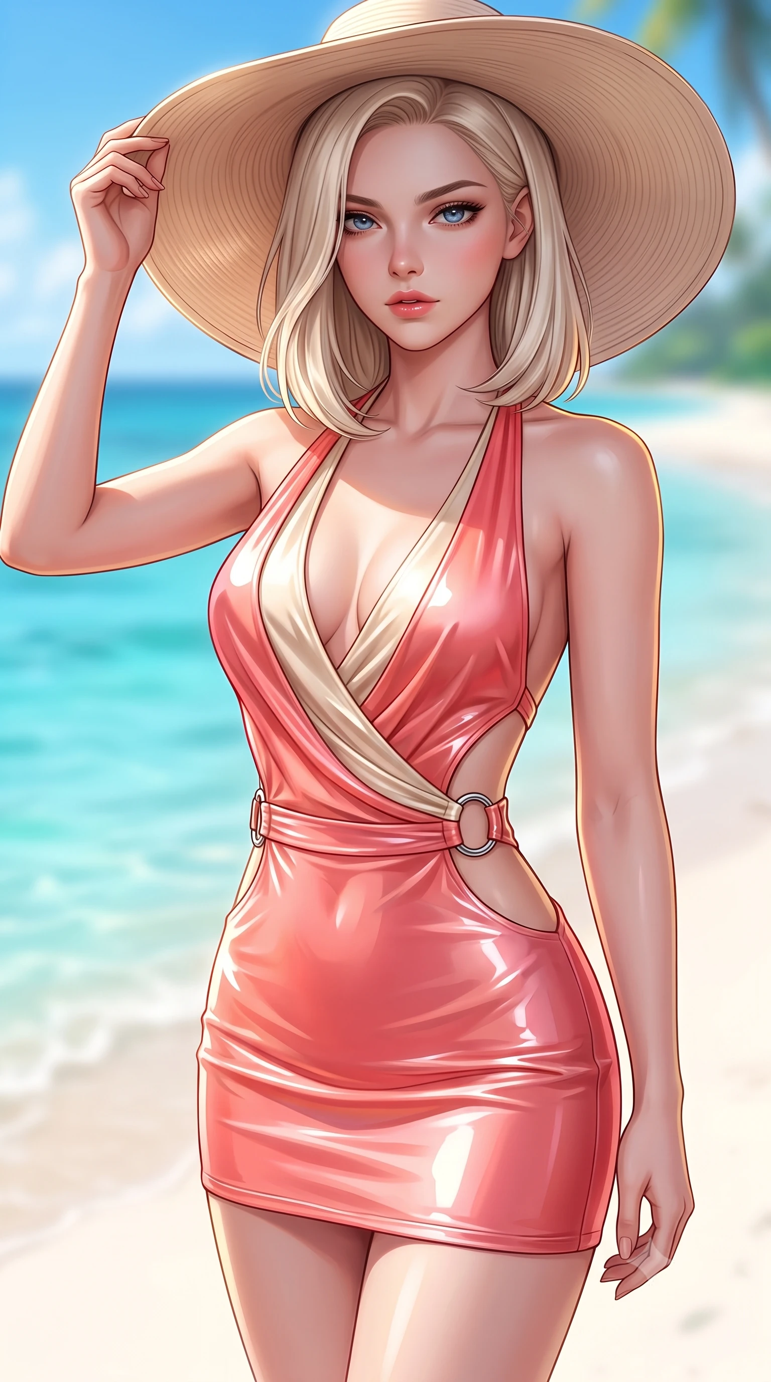 score_9, masterpiece, best quality, ultra-detailed, high-budget anime keyframe, semi-realistic 3D game render, editorial fashion photography, tasteful artistic composition, Caucasian woman. close-up cowboy shot from the waist and thighs up, the character dominates the composition, filling the frame with her large presence. gazing directly into the lens with bedroom eyes and a breathtaking, dangerous allure that commands the entire composition while holding her sunhat lightly against a warm tropical ocean breeze while gazing into the camera with bedroom eyes. The composition keeps background elements in soft focus with creamy bokeh. crystal-clear turquoise waters and soft white sands blurred into radiant, creamy ocean bokeh. She has an exceptionally elegant, slender, and willowy female figure with an ultra-slim waist, a gracefully sculpted slender torso, toned flat midriff, and a refined slim silhouette. sharp v-shaped jawline, high-bridge nose, intricate jewel-like eyes with depth, thick eyelashes, glossy lips with a natural sheen, flawlessly proportioned anatomical accuracy, strict slender model proportions, natural body alignment, perfectly sculpted long slender limbs, ultra-slim waistline, clean dynamic posture without body distortion. wearing a form-contouring liquid satin halter-neck mini dress with a deep crossover cowl front, open back, and ultra-slender waist drape in radiant coral pink and champagne ivory, crafted from ultra-reflective second-skin latex with a high-gloss glass-like polish, detailed with polished silver rings connecting the daring side-waist cutouts, the liquid-tight tailored fabric emphasizing every curve of her tall, slender model proportions and sculptured silhouette during dynamic movement. illuminated by pure sky radiance with crisp golden rim lights accentuating her silhouette. highly saturated vibrant anime colors, detailed shading with soft gradients, rich glossy textures, high-contrast stereoscopic depth, volumetric dynamic lighting, master piece, 9:16 ratio