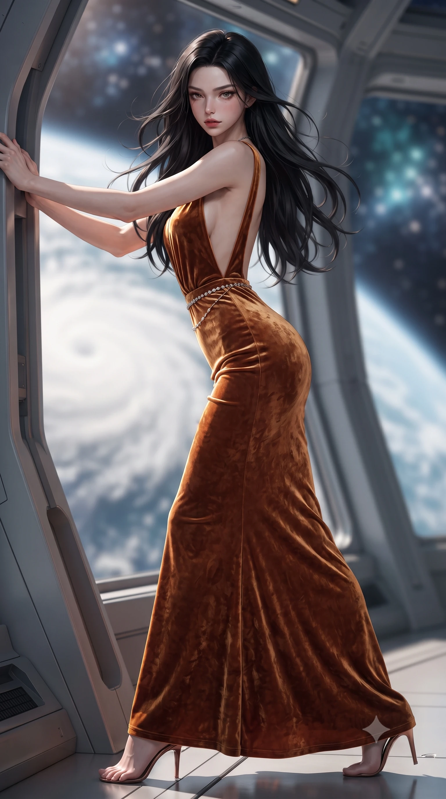 score_9, masterpiece, best quality, ultra-detailed, high-budget anime keyframe, editorial fashion photography, tasteful artistic composition, Korean woman. low angle full-body shot from head to toe showing her feet, filling the entire 9:16 vertical frame with her statuesque presence, stretching her vertical silhouette. leaning deep against the structural architecture with hips cocked in an unapologetically bold, seductive high-fashion stance while striding slowly around the orbital sanctuary perimeter, her fluid silk robes clinging to her narrow waist and long slender legs. The composition keeps background elements in soft focus with creamy bokeh. swirling white cloud typhoons on Earth and distant orbital star clusters blurred into ethereal sapphire, turquoise, and pearl bokeh. She has an exceptionally tall and slender model-like 8.5-heads proportion, an ultra-slim waist, a flat toned midriff, narrow delicate ribcage, and beautifully sculpted feminine hips creating a graceful, slim hourglass silhouette without any bulky heaviness, with impossibly long slender legs. sharp v-shaped jawline, high-bridge nose, intricate jewel-like eyes with depth, thick eyelashes, glossy parted lips with a natural sheen, intensely captivating and seductive bedroom-eyes expression, flawlessly proportioned anatomical accuracy, strict slender model proportions, natural body alignment, perfectly sculpted long slender limbs, ultra-slim waistline, clean dynamic posture without body distortion. wearing a liquid-silk jersey evening gown with an ultra-deep plunging open back descending to the base of her spine and a sculpted hip-hugging skirt in rich copper bronze and warm amber, crafted from heavyweight crushed silk velvet with liquid vintage luster, accented with a dainty diamond waist chain catching the ambient light reflections, the form-contouring material adhering flawlessly to her sculpted flat midriff and slender torso, emphasizing her long leg lines and perfectly proportioned willowy build. illuminated by gentle directional sunlight sculpting her sculpted collarbones, ultra-slim waist, and curvy hips. ultra-reflective glossy finish, specular highlights, rich textural contrasts, high-contrast stereoscopic depth, volumetric dynamic lighting, 2k, ultra detail, master piece, 9:16 ratio