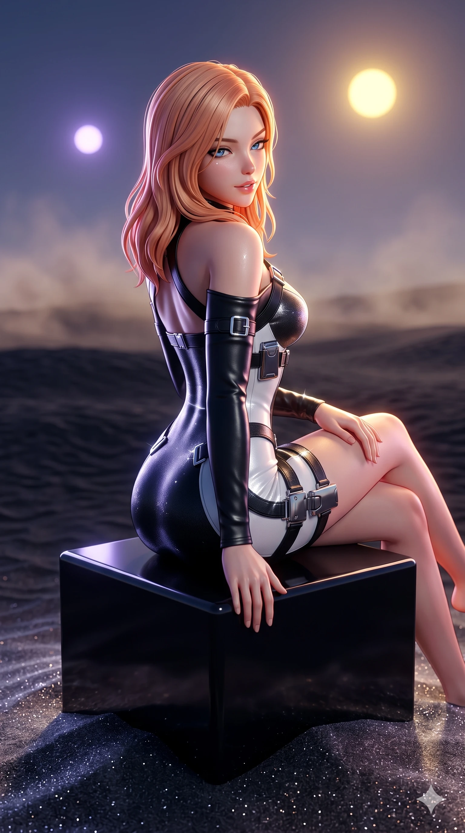 score_9, masterpiece, best quality, ultra-detailed, high-budget anime keyframe, semi-realistic 3D game render, editorial fashion photography, tasteful artistic composition, Japanese woman. close-up cowboy shot from the waist and thighs up, the character dominates the composition, filling the frame with her large presence. posing in an alluring rear three-quarter angle, looking over a bare shoulder with heavy-lidded sparkling eyes, her hips cocked back to highlight her slim hourglass curve while lounging poised on a polished obsidian pedestal with legs crossed, flashing an enchanting smile with parted glossy lips as crystalline sand ripples around her. The background shows a soft-focus planetary dust haze softened in alien obsidian desert shallow focus. She has an exceptionally elegant, slender, and willowy female figure with an ultra-slim waist, flat toned midriff, narrow ribcage, and sculpted feminine hips creating an alluring, slim hourglass silhouette without bulk. sharp v-shaped jawline, high-bridge nose, intricate jewel-like sparkling eyes with depth, thick eyelashes, glossy parted lips with a natural sheen, bright confident smile with an enchanting and coquettish sensual glint, exuding both youthful magnetic charm and sovereign high-tech allure, flawlessly proportioned anatomical accuracy, strict slender model proportions, natural body alignment, perfectly sculpted long slender limbs, ultra-slim waistline, clean dynamic posture without body distortion. wearing a glove-like stretch lambskin cyber-sheath dress accentuating her ultra-slim waistline without bulk in dual-tone high-contrast monochrome black and stark white, woven from stretch metallic lurex jersey casting radiant starlight glints across her curves, finished with polished chrome buckle hardware and modular magnetic holster clasps, the bespoke structured tailoring following the natural line of her 8.5-heads silhouette with refined elegance. bathed in the dramatic dual illumination of a golden-yellow sun and a violet-dwarf companion star creating double rim lights. highly saturated vibrant anime colors, detailed shading with soft gradients, rich glossy textures, high-contrast stereoscopic depth, volumetric dynamic lighting, master piece, 9:16 ratio