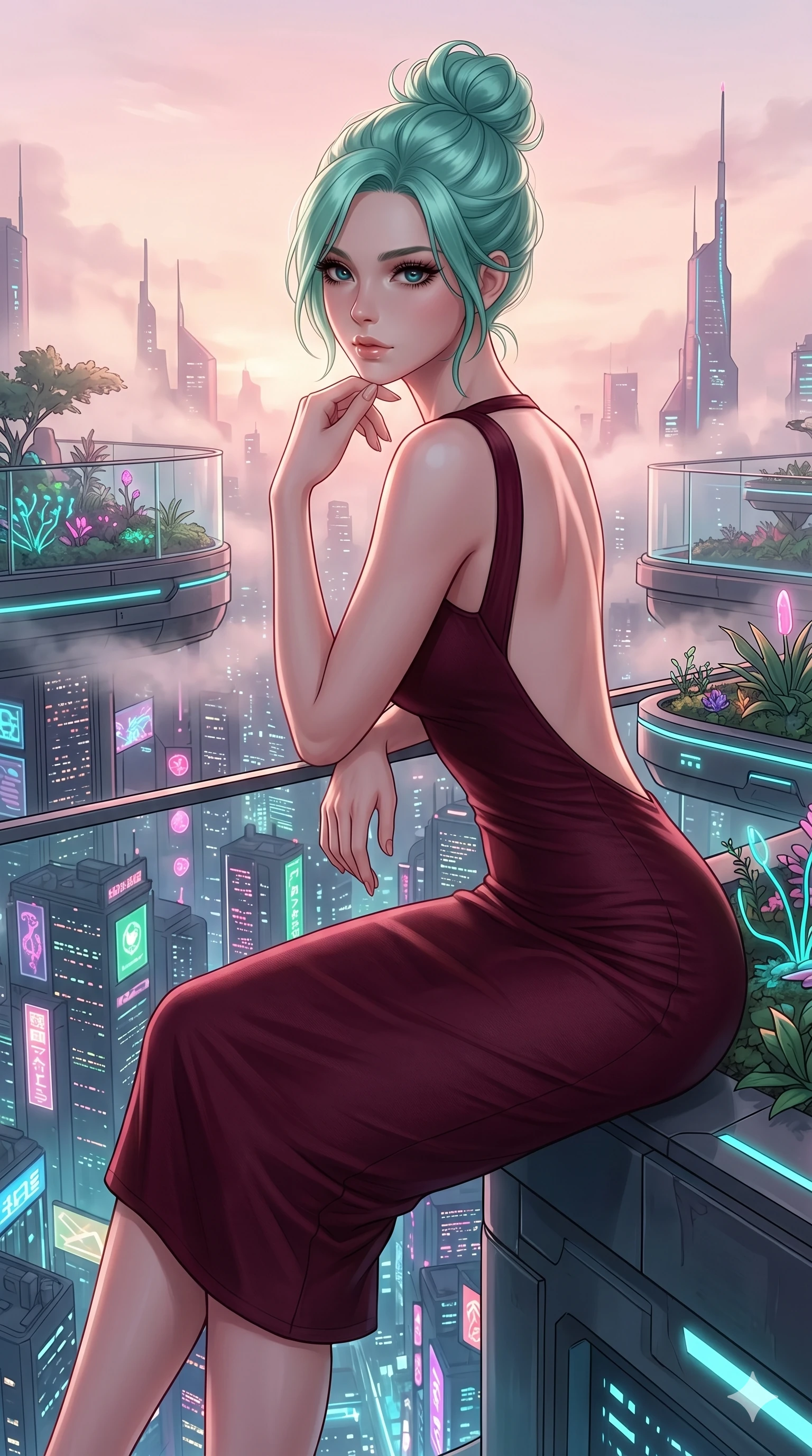 score_9, masterpiece, best quality, ultra-detailed, high-budget anime keyframe, editorial fashion photography, tasteful artistic composition, Japanese woman. cowboy shot from the thighs up, character and outfit filling the frame for maximum editorial presence. Resting her chin on the backs of her fingers in a confident pose at the edge of a futuristic rooftop garden overlooking a neon-drenched megalopolis at night. She has an absolutely perfect 8-heads proportion, an exceptionally tall and slender female figure with impossibly long slender legs and an ultra-slim waist. V-shaped jawline, high-bridge nose, intricate jewel-like eyes with depth, thick eyelashes, glossy lips with a natural sheen. wearing a deep burgundy bodycon midi dress with a modest front neckline and a dramatically plunging open back held by a single elegant strap, the fitted fabric contouring every curve of her slender body. bathed in soft rose-gold dawn light filtering through atmospheric volumetric fog that wraps her silhouette. 2k, ultra detail, master piece, 9:16 ratio