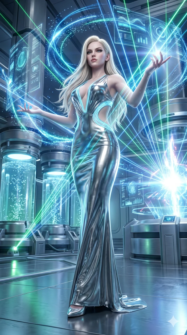 score_9, masterpiece, best quality, ultra-detailed, Semi-realistic 3D Game Render, high-fidelity character model, intricate armor textures, dynamic particle effects, Unreal Engine 5 aesthetic, crisp 3D depth, Caucasian woman with pale skin, blonde hair, and (strictly human ears). Wide-angle low shot emphasizing her impossibly long slender legs and commanding stature. Orchestrating a complex symphony of laser lights and holographic projections in a grand futuristic concert hall. She has an absolutely perfect 8-heads proportion, an exceptionally tall and slender female figure with impossibly long slender legs and an ultra-slim waist, her statuesque height and towering silhouette dominating the vertical 9:16 frame. Her face is a masterpiece featuring a sharp v-shaped jawline, high-bridge nose, intricate jewel-like eyes with depth, thick eyelashes, and glossy lips with a natural sheen. She is wearing a Liquid mercury fabric dress that clings perfectly to her every curve with a deep plunging neckline crafted from Bioluminescent silk that emits a soft, ethereal glow from within the fabric, featuring strategic side cut-outs that emphasize her ultra-slim waist and hips. The scene is set in a high-tech research laboratory with glowing glass tanks and complex holographic interfaces, illuminated by intense energy flares from her powers illuminating the scene with brilliant light. 2k, ultra detail, master piece, 9:16 ratio