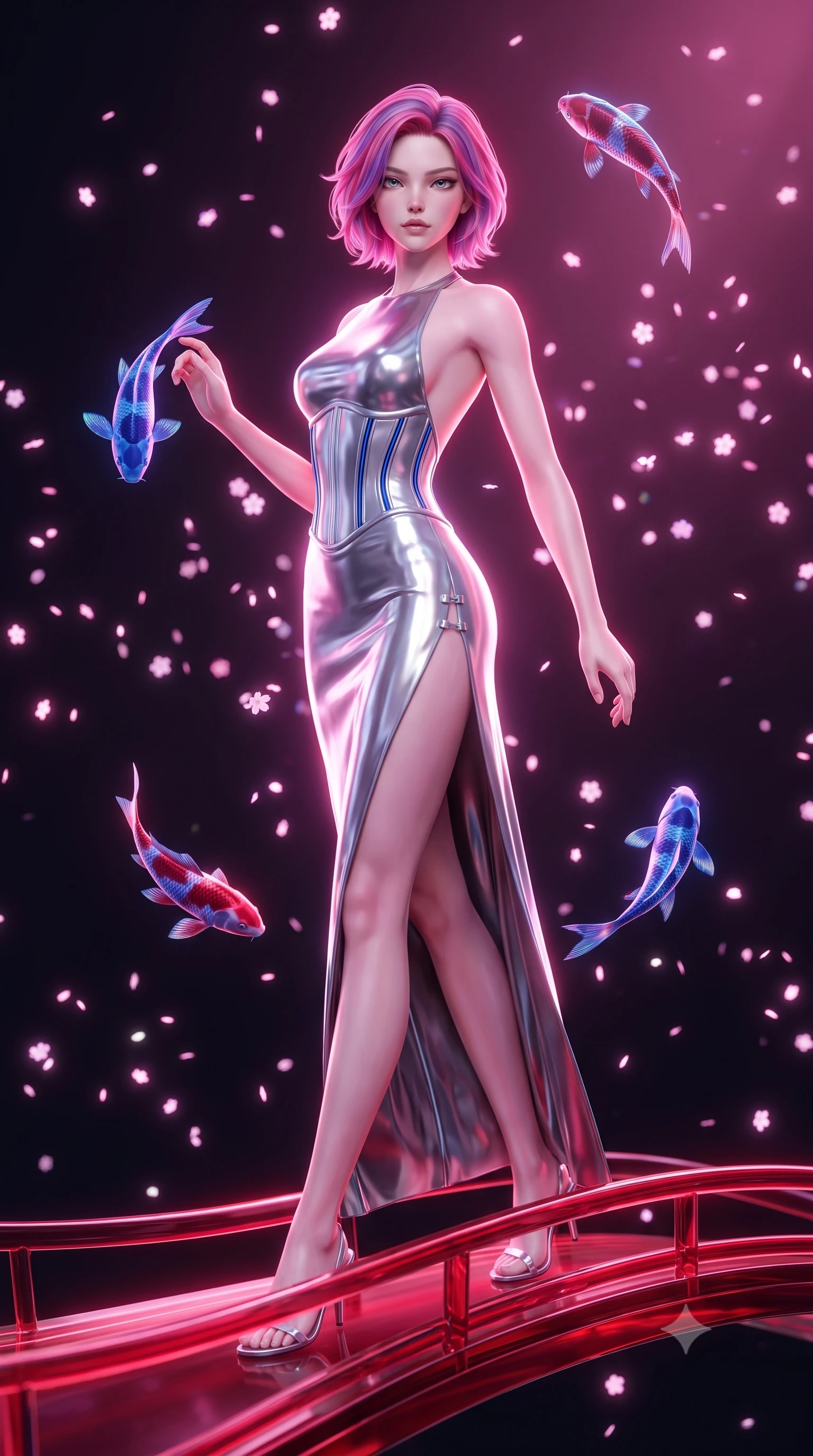 score_9, masterpiece, best quality, ultra-detailed, high-budget anime keyframe, semi-realistic 3D game render, editorial fashion photography, tasteful artistic composition, Caucasian woman. low angle full-body shot from head to toe showing her feet, filling the entire 9:16 vertical frame with her statuesque presence, stretching her vertical silhouette. arching her spine in a fluid zero-gravity turn with sovereign grace, her long slender legs and sculpted torso creating a sweeping line while stepping along a curved crimson glass bridge as holographic koi swim through the air around her slender silhouette. The composition keeps background elements in soft focus with creamy bokeh. drifting holographic blossom particles scattering soft glowing glints across a dark backdrop. She has an absolutely perfect, statuesque 8.5-heads proportion, an exceptionally tall and slender model-like female figure with impossibly long slender legs, a toned flat midriff, and an ultra-slim waist. sharp v-shaped jawline, high-bridge nose, intricate jewel-like eyes with depth, thick eyelashes, glossy lips with a natural sheen, flawlessly proportioned anatomical accuracy, strict slender model proportions, natural body alignment, perfectly sculpted long slender limbs, ultra-slim waistline, clean dynamic posture without body distortion. wearing a backless molten silver liquid-metal gown with a high-cut side slit and precision-fitted waist boning in liquid platinum silver and deep sapphire blue LED filaments, formed from high-gloss patent material with specular chiaroscuro reflections, finished with an ultra-high side slit secured by miniature magnetic clasps, the form-contouring material adhering flawlessly to her sculpted flat midriff and slender torso, emphasizing her long leg lines and perfectly proportioned willowy build. bathed in luminous magenta and rose-pink digital sakura backlighting with soft violet fill. rich saturated anime colors with glowing neon highlights, detailed shading with soft gradients, rich glossy textures, high-contrast stereoscopic depth, volumetric dynamic lighting, master piece, 9:16 ratio