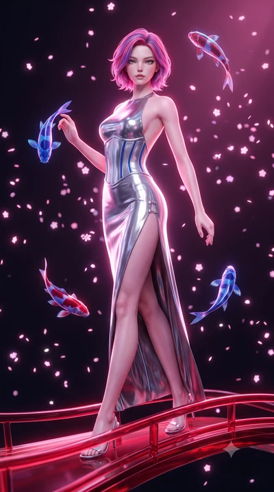 score_9, masterpiece, best quality, ultra-detailed, high-budget anime keyframe, semi-realistic 3D game render, editorial fashion photography, tasteful artistic composition, Caucasian woman. low angle full-body shot from head to toe showing her feet, 