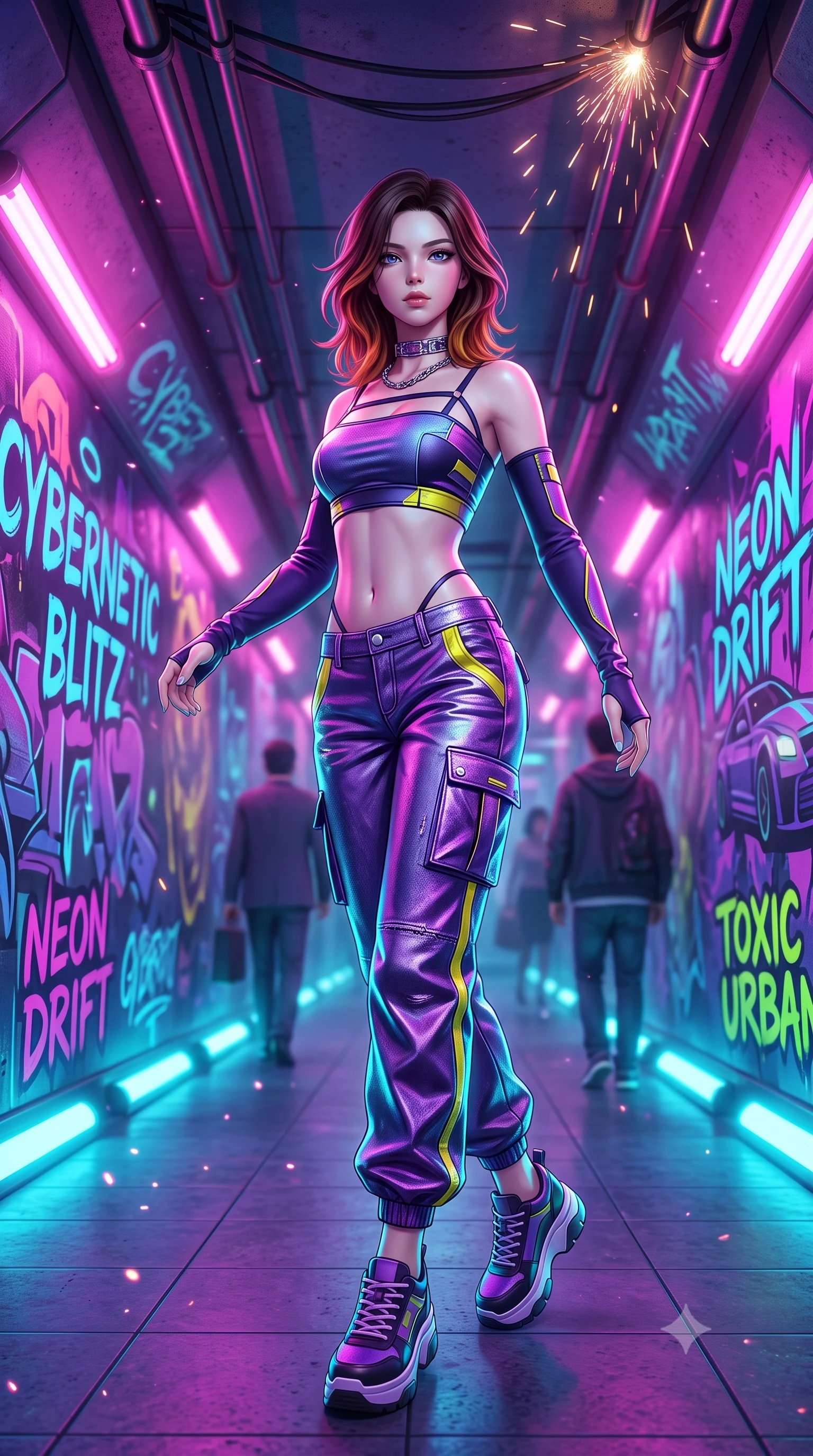 score_9, masterpiece, best quality, ultra-detailed, high-budget anime keyframe, semi-realistic 3D game render, editorial fashion photography, tasteful artistic composition, Korean woman. low angle full-body shot from head to toe showing her feet, filling the entire 9:16 vertical frame with her statuesque presence, stretching her vertical silhouette. executing an elegant mid-motion spin with effortless grace, her garments fluttering softly around her ultra-slim waistline while posing dynamically in a futuristic subway station corridor covered in glowing ultraviolet cyber-graffiti murals. The composition keeps background elements in soft focus with creamy bokeh. sparks from overhead power rails and floating dust particles catching neon light motes. She has an absolutely perfect, statuesque 8.5-heads proportion, an exceptionally tall and slender model-like female figure with impossibly long slender legs, a toned flat midriff, and an ultra-slim waist. sharp v-shaped jawline, high-bridge nose, intricate jewel-like eyes with depth, thick eyelashes, glossy lips with a natural sheen, captivating and magnetic expression, flawlessly proportioned anatomical accuracy, strict slender model proportions, natural body alignment, perfectly sculpted long slender limbs, ultra-slim waistline, clean dynamic posture without body distortion. wearing a strappy cybernetic tube top with detached arm sleeves and low-rise metallic cargo trousers in toxic ultraviolet purple and hazard yellow accents, tailored from distressed structured cotton denim with metallic thread, accessorized with bold platform sneakers and silver chain choker, the precision-cut daring openings accentuating her delicate midriff, graceful bare collarbones, and ultra-slim feminine waistline. bathed in high-contrast dual lighting of neon pink floodlights and electric cyan underlights. highly saturated vibrant anime colors, detailed shading with soft gradients, rich glossy textures, high-contrast stereoscopic depth, volumetric dynamic lighting, master piece, 9:16 ratio