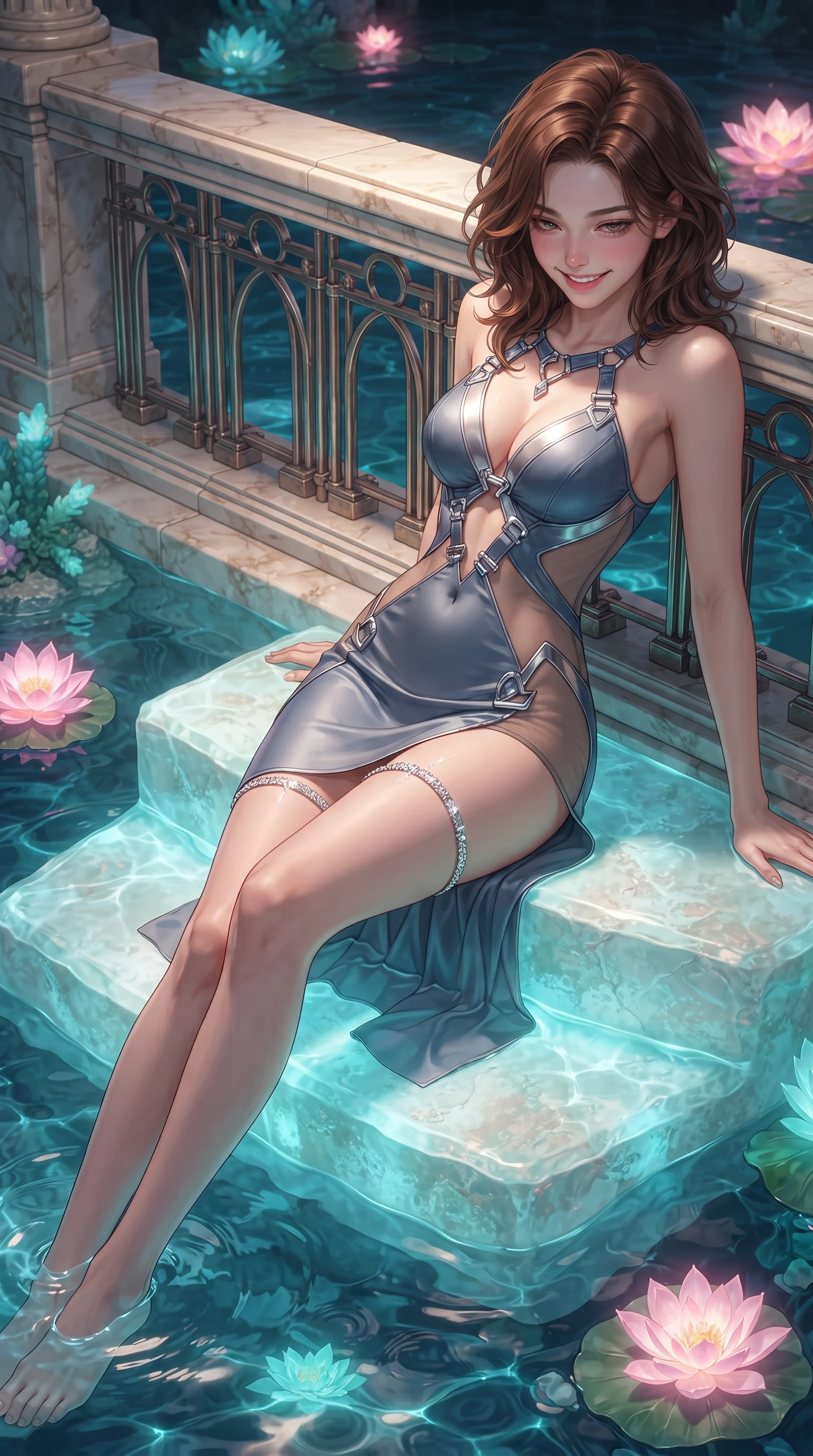 score_9, masterpiece, best quality, ultra-detailed, high-budget anime keyframe, editorial fashion photography, tasteful artistic composition, Korean woman. close-up cowboy shot from the waist and thighs up, the character dominates the composition, filling the frame with her large presence. leaning back against the balustrade with relaxed seductive grace, head tilted back slightly while casting a hypnotic, heavy-lidded gaze while reclining gracefully on the submerged heated limestone shelf with legs extended, displaying her long slender limbs and statuesque hourglass silhouette against the radiant pool. The surrounding environment is rendered in vivid detail and crisp panoramic clarity: sharp limestone strata textures, delicate glowing lotus petal veins, and crystal-clear water surface ripples in deep focus. She has an exceptionally elegant, slender, and willowy female figure with an ultra-slim waist, flat toned midriff, narrow ribcage, and sculpted feminine hips creating an alluring, slim hourglass silhouette without bulk. sharp v-shaped jawline, high-bridge nose, intricate jewel-like sparkling eyes with depth, thick eyelashes, glossy parted lips with a natural peach sheen, bright cheerful beaming smile with an enchanting and coquettish sensual glint, exuding both youthful cute charm and seductive allure, flawlessly proportioned anatomical accuracy, strict slender model proportions, natural body alignment, perfectly sculpted long slender limbs, ultra-slim waistline, clean dynamic posture without body distortion. wearing a provocative open-waist cutout mini dress framed by sculptural chrome hardware and thigh-high slit in slate blue and metallic silver, featuring strategic sheer-illusion tulle side panels framing her ribcage and hips, finished with delicate crystal-encrusted thigh garter straps glinting in the dim light, the precision-cut side openings and low-back scoop framing her graceful spine and the sensual sweep of her slim, toned hips. bathed in the ethereal natural fluorescence of living turquoise corals mixed with the soft pink radiance of glowing lotuses. ultra-reflective glossy finish, specular highlights, rich textural contrasts, high-contrast stereoscopic depth, volumetric dynamic lighting, 2k, ultra detail, master piece, 9:16 ratio