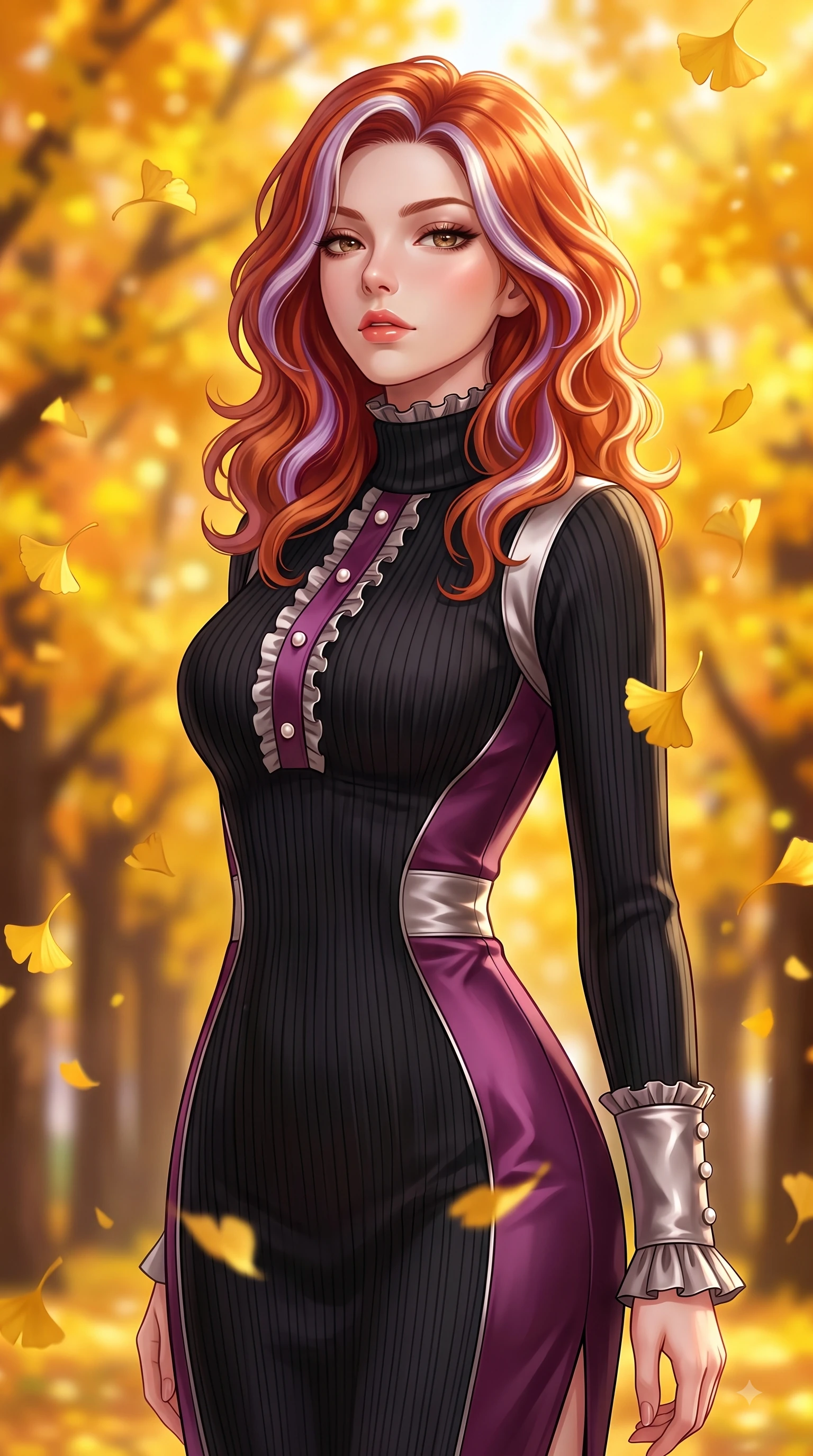 score_9, masterpiece, best quality, ultra-detailed, high-budget anime keyframe, editorial fashion photography, tasteful artistic composition, Caucasian woman. close-up cowboy shot from the waist and thighs up, the character dominates the composition, filling the frame with her large presence. Haughty, chic expression with a poised chin-tilt and an aloof, magnetic gaze commanding attention while pivoting gracefully as golden ginkgo leaves flutter down like gold rain around her. The composition keeps background elements in soft focus with dreamy bokeh. vibrant yellow and orange tree arcades blurring smoothly behind her fashion silhouette. She has an exceptionally elegant, slender, and willowy female figure with an ultra-slim waist, a gracefully sculpted slender torso, and a refined silhouette. sharp v-shaped jawline, high-bridge nose, intricate jewel-like eyes with depth, thick eyelashes, glossy lips with a natural sheen, flawlessly proportioned anatomical accuracy, natural body alignment, perfectly sculpted elegant limbs, clean dynamic posture without body distortion. wearing a chic black ribbed turtleneck knit dress accentuating her slender waist in rich plum violet and metallic platinum, crafted from smooth liquid silk satin, accented with delicate pearl buttons and refined ruffle trims, the sleek second-skin fit accentuating her magnetic presence. bathed in brilliant golden autumn sunlight and warm tree canopy backlighting. highly saturated vibrant anime colors, detailed shading with soft gradients, rich glossy textures, high-contrast stereoscopic depth, volumetric dynamic lighting, master piece, 9:16 ratio
