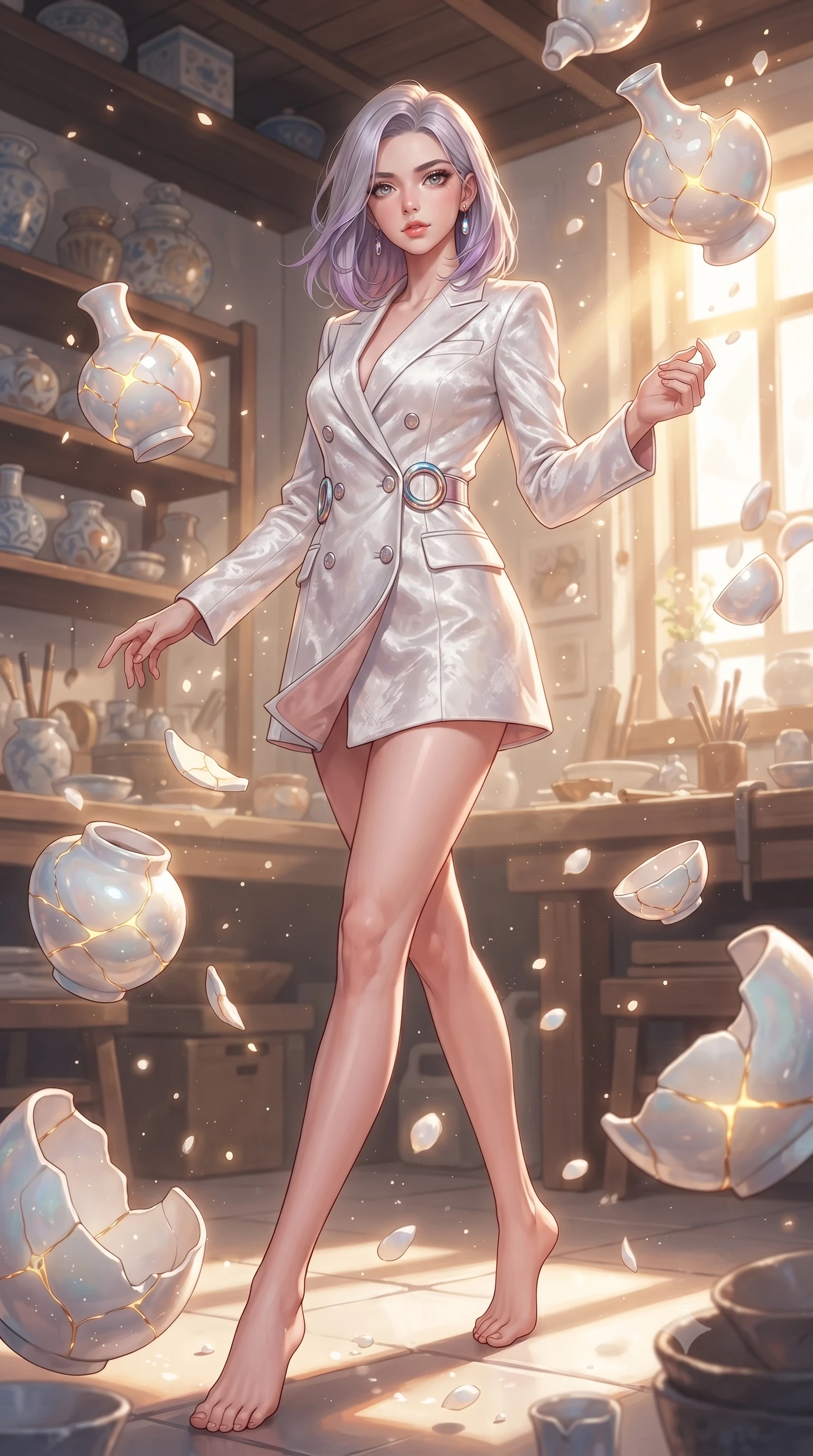 score_9, masterpiece, best quality, ultra-detailed, high-budget anime keyframe, editorial fashion photography, tasteful artistic composition, Caucasian woman. low angle full-body shot from head to toe showing her feet, filling the entire 9:16 vertical frame with her statuesque presence, stretching her vertical silhouette. interacting with floating opal particles, her long slender legs poised in motion, inside a sunlit artisan workshop filled with floating opal-glazed porcelain sculptures, soft white ceramic dust motes floating in bright warm sunbeams. She has an absolutely perfect, statuesque 8.5-heads proportion, an exceptionally tall and slender model-like female figure with impossibly long slender legs and an ultra-slim waist. sharp v-shaped jawline, high-bridge nose, intricate jewel-like eyes with depth, thick eyelashes, glossy lips with a natural sheen. wearing tailored double-breasted opal white blazer dress in soft blush pink, made of crushed white silk velvet, accented with sculpted opal chrome rings at the waist, highlighting her statuesque proportions and ultra-slim waistline. illuminated by warm golden kintsugi glow radiating from opal porcelain cracks. highly saturated vibrant anime colors, detailed shading with soft gradients, rich glossy textures, high-contrast stereoscopic depth, volumetric dynamic lighting, master piece, 9:16 ratio