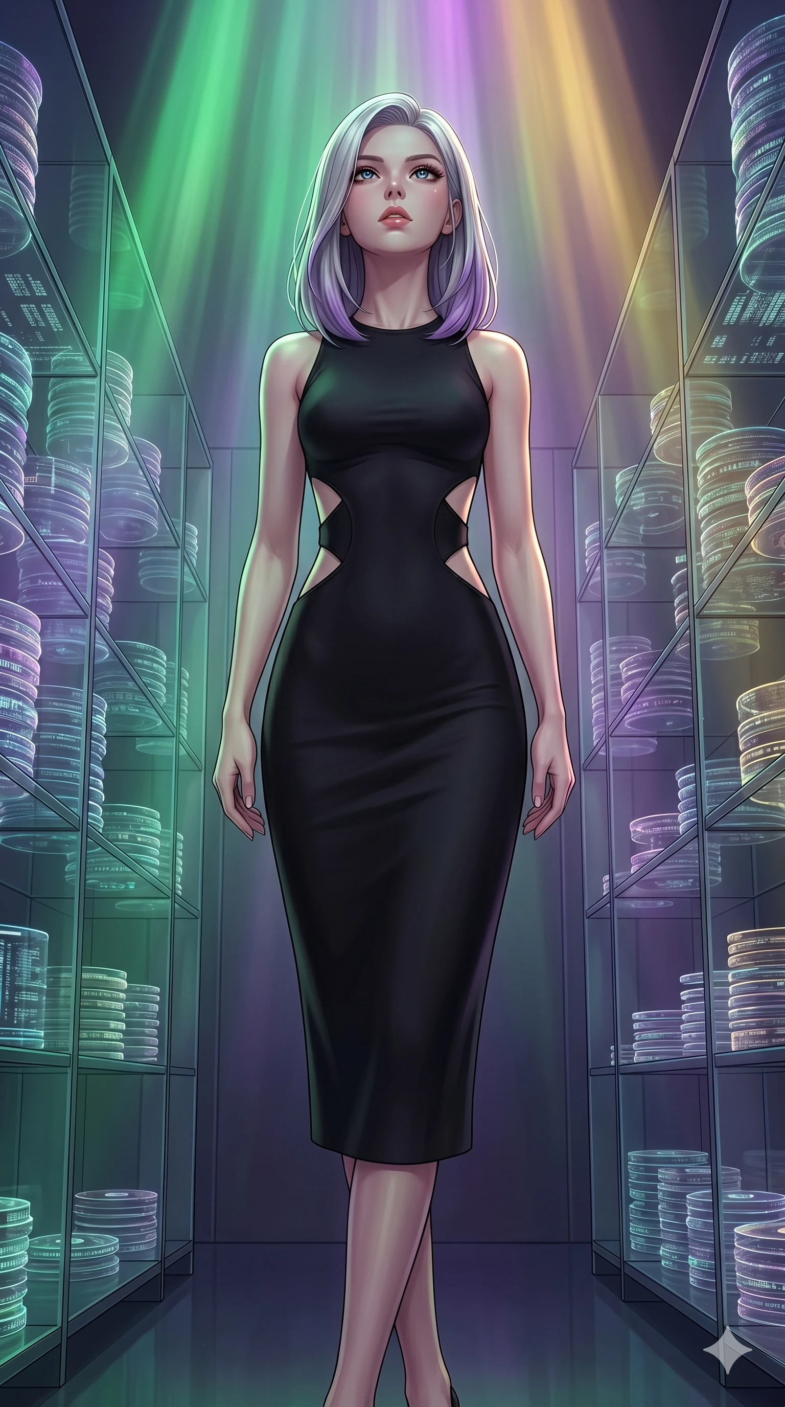 score_9, masterpiece, best quality, ultra-detailed, high-budget anime keyframe, editorial fashion photography, tasteful artistic composition, Caucasian woman, strictly human ears. cowboy shot from the thighs up, character and outfit filling the frame for maximum editorial presence. Tilting her chin up slightly with lips parted in a composed expression inside a digital archive room where holographic data discs float in neat stacks. She has an absolutely perfect 8-heads proportion, an exceptionally tall and slender female figure with impossibly long slender legs and an ultra-slim waist. V-shaped jawline, high-bridge nose, intricate jewel-like eyes with depth, thick eyelashes, glossy lips with a natural sheen. wearing a matte black midi dress in heavy stretch-crepe with strategic diamond-shaped cutouts along the ribs and a high round neckline. illuminated by a shifting aurora palette of green, violet, and gold from above, wrapping her in color. 2k, ultra detail, master piece, 9:16 ratio