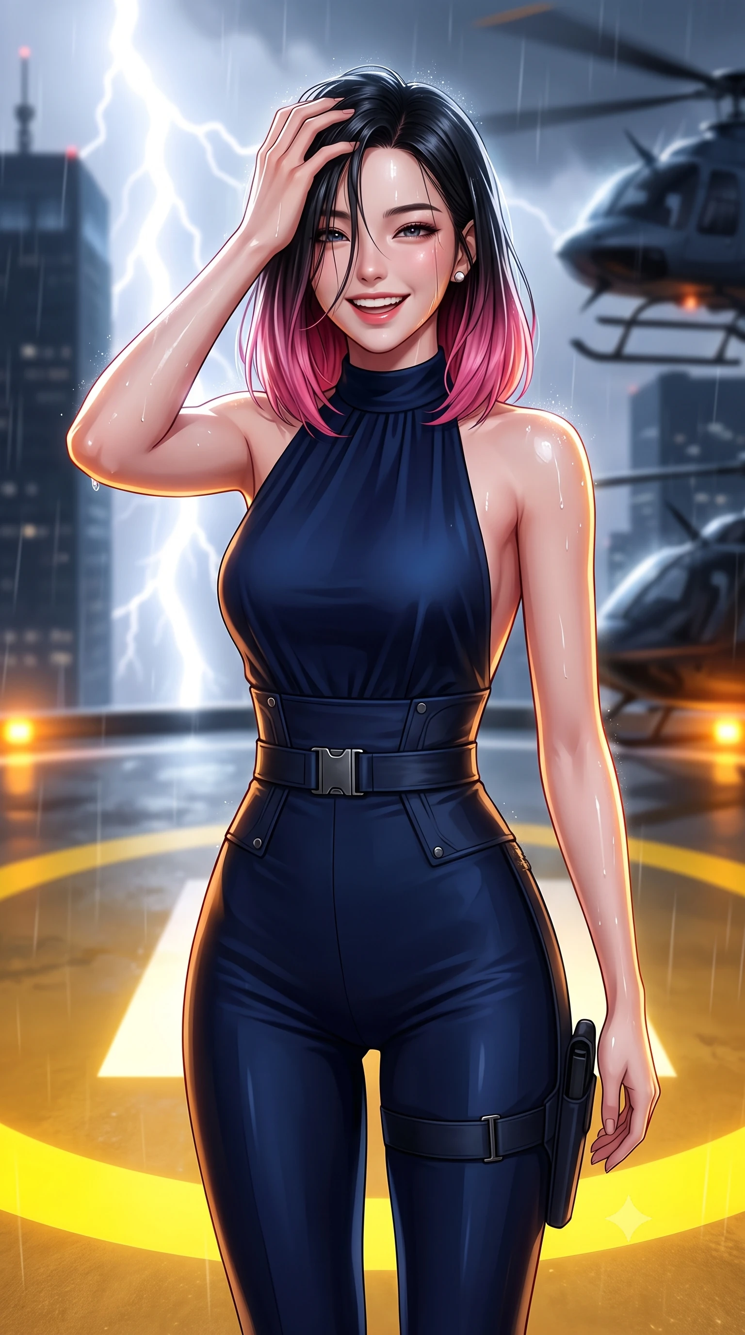 score_9, masterpiece, best quality, ultra-detailed, high-budget anime keyframe, semi-realistic 3D game render, editorial fashion photography, tasteful artistic composition, Korean woman. close-up cowboy shot from the waist and thighs up, the character dominates the composition, filling the frame with her large presence. laughing softly with genuine, enchanting warmth, eyes crinkling sweetly as specular highlights illuminate her cheeks while standing resolute at the center of the illuminated yellow helipad circle, pushing wet hair from her forehead with a fierce gaze. The composition keeps background elements in soft focus with creamy bokeh. violent lightning forks and distant glowing skyscraper crowns blurred into charcoal, slate-blue, and electric white bokeh. She has an exceptionally elegant, slender, and willowy female figure with an ultra-slim waist, a gracefully sculpted slender torso, toned flat midriff, and a refined slim silhouette. sharp v-shaped jawline, high-bridge nose, intricate jewel-like eyes with depth, thick eyelashes, glossy lips with a natural sheen, captivating and magnetic expression, flawlessly proportioned anatomical accuracy, strict slender model proportions, natural body alignment, perfectly sculpted long slender limbs, ultra-slim waistline, clean dynamic posture without body distortion. wearing a high-society undercover halter-neck jumpsuit with a tailored deep-V back and integrated tactical waist cincher in deep midnight blue and brushed gunmetal, tailored from fluid silk crepe with inner ballistic reinforcement, accessorized with a sleek concealed garter holster and pearl ear transmitter, the sleek tailored cut tightly hugging her graceful clavicle, narrow waist, and feminine curves with statuesque precision. bathed in blinding white storm lightning flash backlighting and warm amber perimeter beacon fill. highly saturated vibrant anime colors, detailed shading with soft gradients, rich glossy textures, high-contrast stereoscopic depth, volumetric dynamic lighting, master piece, 9:16 ratio
