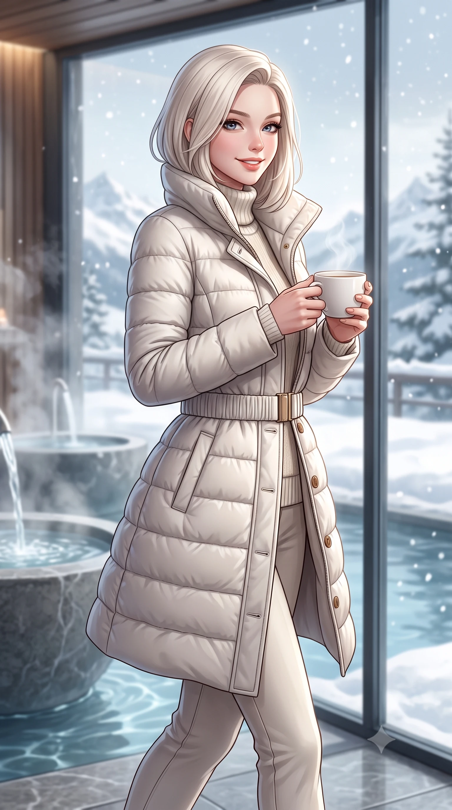 score_9, masterpiece, best quality, ultra-detailed, high-budget anime keyframe, semi-realistic 3D game render, editorial fashion photography, tasteful artistic composition, Caucasian woman. close-up cowboy shot from the waist and thighs up, the character dominates the composition, filling the frame with her large presence. holding a warm porcelain cup in both hands while tilting her head with an enchanting, beaming smile while walking past steaming indoor hydrotherapy fountains toward the glass wall looking out at falling snow, turning with radiant poise. The background shows a soft-focus minimalist stone water features softened in peaceful Swiss alpine wellness sanctuary shallow focus. She has an exceptionally elegant, slender, and willowy female figure with an ultra-slim waist, flat toned midriff, narrow ribcage, and sculpted feminine hips creating an alluring, slim hourglass silhouette without bulk. sharp v-shaped jawline, high-bridge nose, intricate jewel-like sparkling eyes with depth, thick eyelashes, glossy parted lips with a natural peach sheen, bright cheerful beaming smile with an enchanting and coquettish sensual glint, exuding both youthful cute charm and seductive allure, flawlessly proportioned anatomical accuracy, strict slender model proportions, natural body alignment, perfectly sculpted long slender limbs, ultra-slim waistline, clean dynamic posture without body distortion. wearing a tailored quilted down coat with a cinched elastic belt and high funnel neck over thermal knit layers in Swiss alpine snow white and oat cashmere, tailored from heavyweight double-faced wool with clean architectural edges, featuring delicate tonal horn buttons and meticulous hand-stitched pick-lapel borders, the bespoke architectural tailoring hugging her natural waistline with sartorial precision, creating a clean graceful hourglass silhouette with tall model elegance. illuminated by thermal pool surface caustics and soft pearlescent rim lights accentuating her sharp jawline and slender hourglass silhouette. highly saturated vibrant anime colors, detailed shading with soft gradients, rich glossy textures, high-contrast stereoscopic depth, volumetric dynamic lighting, master piece, 9:16 ratio