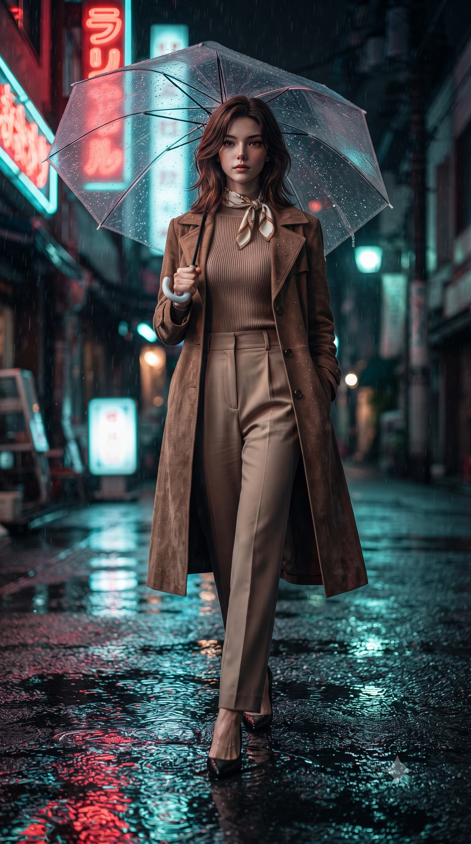 score_9, masterpiece, best quality, ultra-detailed, high-budget anime keyframe, editorial fashion photography, tasteful artistic composition, Korean woman. low angle full-body shot from head to toe showing her feet, filling the entire 9:16 vertical frame with her statuesque presence, stretching her vertical silhouette. landing lightly on the balls of her feet in a balanced kinetic stance, eyes locked onto the camera with fearless allure while strolling along a rain-drenched 1990s Tokyo neon back-alley, holding a transparent umbrella that catches vivid reflections. The surrounding environment is rendered in vivid detail and crisp panoramic clarity. crisp neon tube lettering, distinct raindrop beads on leather jacket, and wet asphalt textures in deep focus. She has an absolutely perfect, statuesque 8.5-heads proportion, an exceptionally tall and slender model-like female figure with impossibly long slender legs, a toned flat midriff, and an ultra-slim waist. sharp v-shaped jawline, high-bridge nose, intricate jewel-like eyes with depth, thick eyelashes, glossy lips with a natural sheen, captivating and magnetic expression, flawlessly proportioned anatomical accuracy, strict slender model proportions, natural body alignment, perfectly sculpted long slender limbs, ultra-slim waistline, clean dynamic posture without body distortion. wearing a stylish retro suede trench coat over a fitted mock-neck knit top and high-waist tailored slacks in retro turquoise, baby pink, and white, made of premium heavyweight washed denim and breathable cotton poplin, complemented by a delicate silk scarf tied playfully around her neck, the breezy yet form-flattering drape swaying gracefully with her steps, accentuating her long willowy limbs and slim waistline. bathed in rich neon red and cyan streetlamp glow bouncing off wet asphalt surfaces. ultra-reflective glossy finish, specular highlights, rich textural contrasts, high-contrast stereoscopic depth, volumetric dynamic lighting, 2k, ultra detail, master piece, 9:16 ratio