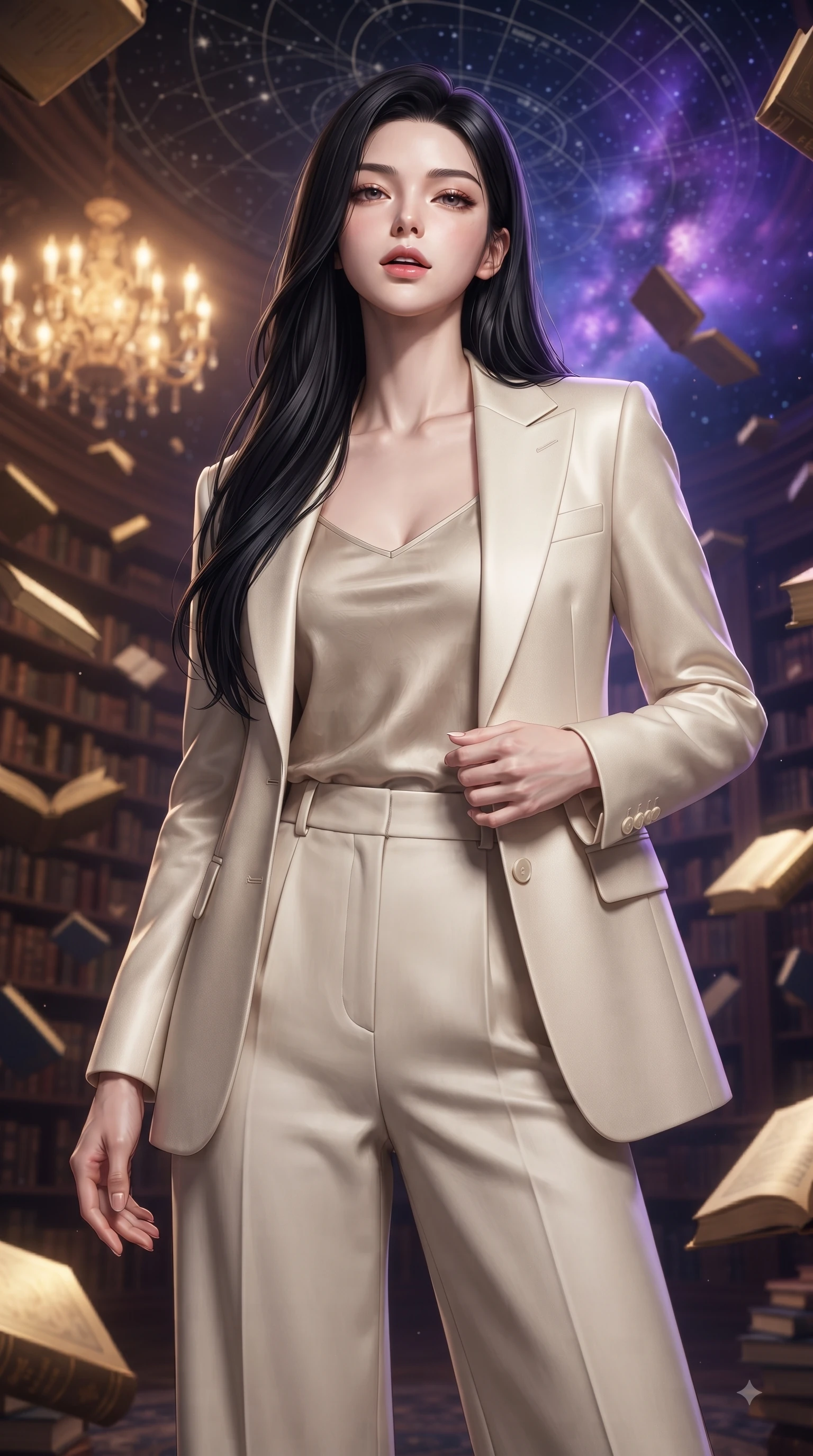score_9, masterpiece, best quality, ultra-detailed, high-budget anime keyframe, editorial fashion photography, tasteful artistic composition, Korean woman woman. close-up cowboy shot from the waist and thighs up, the character dominates the composition, filling the frame with her large presence, background elements kept in soft focus. She has an exceptionally elegant, slender, and willowy female figure with an ultra-slim waist, a gracefully sculpted slender torso, and a refined silhouette. tilting her chin up slightly with lips parted in a composed and alluring expression, flawlessly proportioned anatomical accuracy, natural body alignment, perfectly sculpted elegant limbs, clean dynamic posture without body distortion. set against a soft-focus background of a grand baroque library with floating golden books and star charts. wearing a tailored cream wool blazer over an oatmeal silk camisole and wide-leg trousers. bathed in warm ambient chandelier glow contrasting with deep space nebula purple light. ultra-reflective glossy finish, specular highlights, metallic sheen, high-contrast stereoscopic depth, volumetric dynamic lighting, 2k, ultra detail, master piece, 9:16 ratio