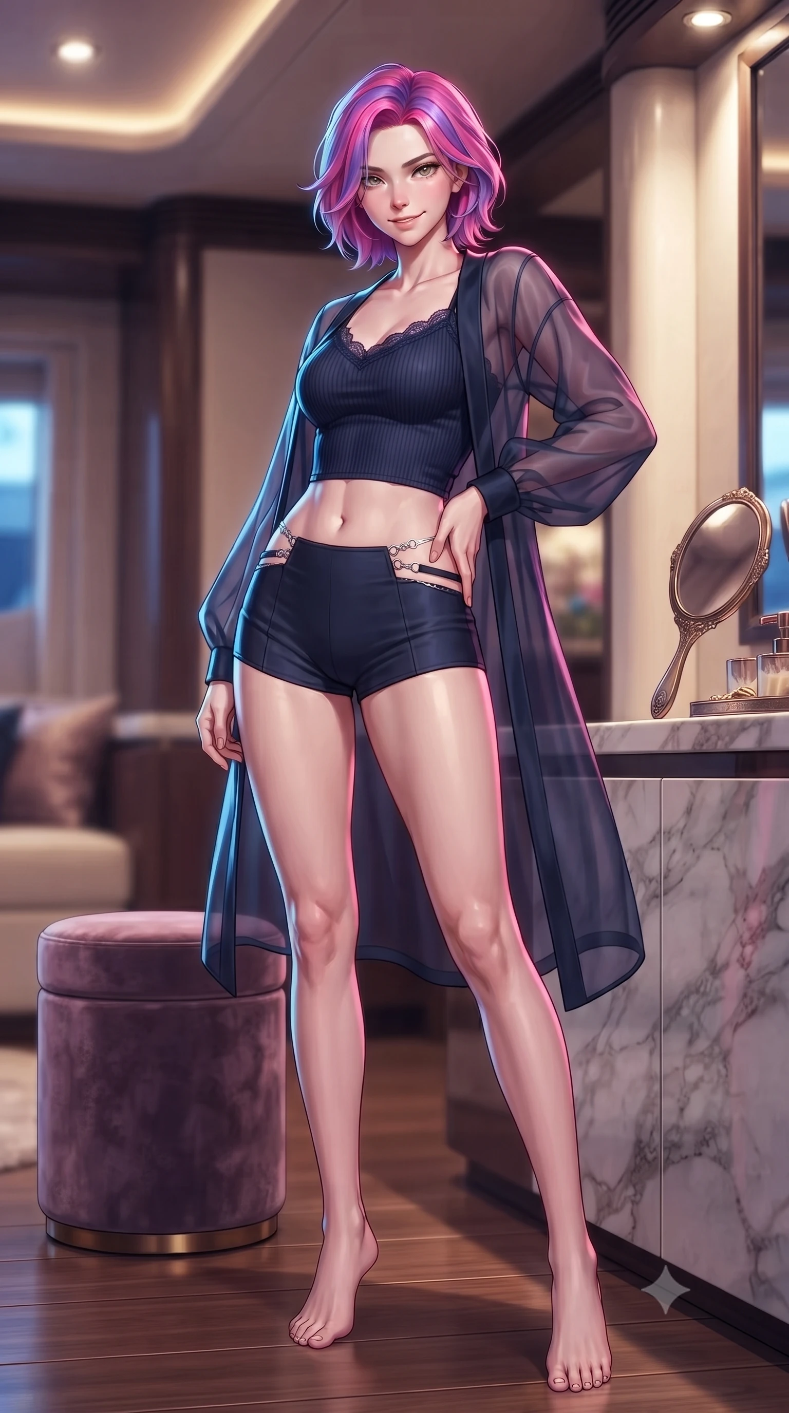 score_9, masterpiece, best quality, ultra-detailed, high-budget anime keyframe, editorial fashion photography, tasteful artistic composition, Caucasian woman. low angle full-body shot from head to toe showing her feet, filling the entire 9:16 vertical frame with her statuesque presence, stretching her vertical silhouette. standing in a captivating power pose with her back slightly arched, resting one hand near her hip with a magnetic smile set against a soft-focus background of inside an exclusive yacht cabin with a velvet-wrapped stool and an antique hand mirror resting on a marble counter. She has an absolutely perfect, statuesque 8.5-heads proportion, an exceptionally tall and slender model-like female figure with impossibly long slender legs and an ultra-slim waist. sharp v-shaped jawline, high-bridge nose, intricate jewel-like eyes with depth, thick eyelashes, glossy lips with a natural sheen. wearing body-hugging midnight navy ribbed cashmere delicate lace-trim crop top worn under a sheer organza cardigan with high-waist micro-shorts accented with delicate silver hardware. drenched in dramatic neon rim-lighting that traces the sleek contours of her figure. highly saturated vibrant anime colors, detailed shading with soft gradients, rich glossy textures, high-contrast stereoscopic depth, volumetric dynamic lighting, master piece, 9:16 ratio