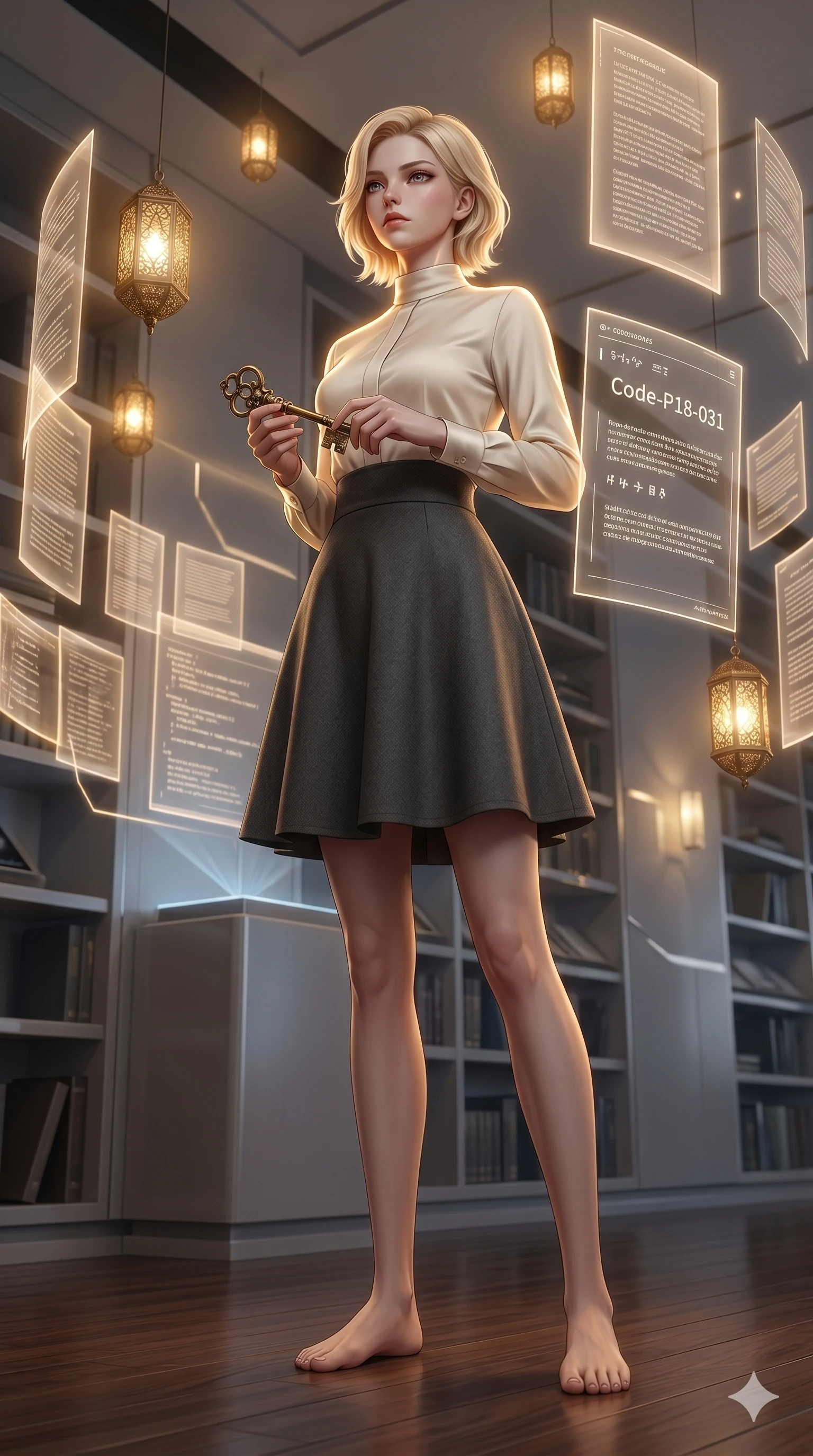 score_9, masterpiece, best quality, ultra-detailed, high-budget anime keyframe, editorial fashion photography, tasteful artistic composition, Caucasian woman, strictly human ears. low angle full-body shot from head to toe showing her feet, filling the entire 9:16 vertical frame with her statuesque presence, stretching her vertical silhouette. holding a vintage clockwork key, looking past the camera with a thoughtful, focused expression inside a modern library chamber with floating holographic manuscript pages (Code-P18-031). She has an absolutely perfect 8-heads proportion, an exceptionally tall and slender female figure with impossibly long slender legs and an ultra-slim waist. V-shaped jawline, high-bridge nose, intricate jewel-like eyes with depth, thick eyelashes, glossy lips with a natural sheen. wearing a high-neck tailored silk shirt under a structured high-waist wool skirt. warm golden light from the floating lanterns, tracing the elegant curves of her neck. 2k, ultra detail, master piece, 9:16 ratio