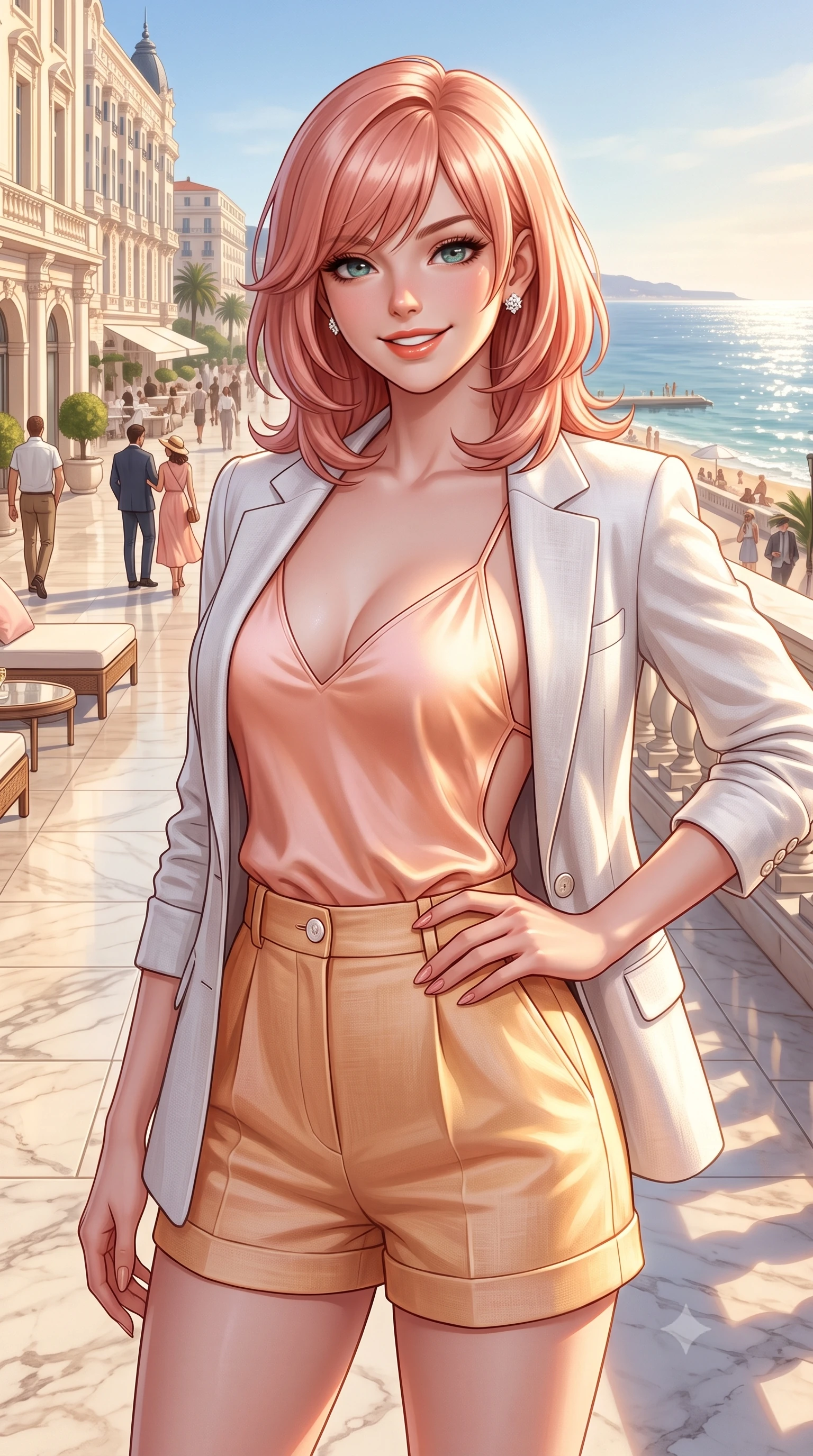 score_9, masterpiece, best quality, ultra-detailed, high-budget anime keyframe, semi-realistic 3D game render, editorial fashion photography, tasteful artistic composition, Japanese woman. close-up cowboy shot from the waist and thighs up, the character dominates the composition, filling the frame with her large presence. tilting her head with a cute beaming smile while arching her spine with effortless dancer poise, one hand sliding along her hip line in a flirtatious S-curve while standing poised on the grand marble hotel terrace overlooking the Boulevard de la Croisette, arching her spine with festival-queen glamour. The surrounding environment is rendered in vivid detail and crisp panoramic clarity. detailed haute-couture resort gown sheen, diamond earrings sparkle, and palace architecture in high resolution. She has an exceptionally elegant, slender, and willowy female figure with an ultra-slim waist, flat toned midriff, narrow ribcage, and sculpted feminine hips creating an alluring, slim hourglass silhouette without bulk. sharp v-shaped jawline, high-bridge nose, sparkling amber-hazel eyes with depth, long lush eyelashes, glossy sun-kissed lips with a warm coral glaze, radiant teasing smile with sensual sunlit bedroom-eyes, exuding effortless old-money elegance and intoxicating sun-drenched allure, flawlessly proportioned anatomical accuracy, strict slender model proportions, natural body alignment, perfectly sculpted long slender limbs, ultra-slim waistline, clean dynamic posture without body distortion. wearing a breezy white linen tailored blazer worn over a plunging-V camisole and high-waisted tailored linen shorts in soft peach blossom pink and warm apricot gold, made of smooth fluid silk satin with a delicate pearlescent golden sheen, accented with neat front carved mother-of-pearl buttons, the precision-cut side openings and low-back scoop framing her graceful spine and the sensual sweep of her slim, sun-kissed hips. illuminated by grand marble terrace bounce and sharp platinum rim lights sculpting her razor-sharp jawline, narrow waist, and curvy hips. highly saturated vibrant anime colors, detailed shading with soft gradients, rich glossy textures, high-contrast stereoscopic depth, volumetric dynamic lighting, master piece, 9:16 ratio