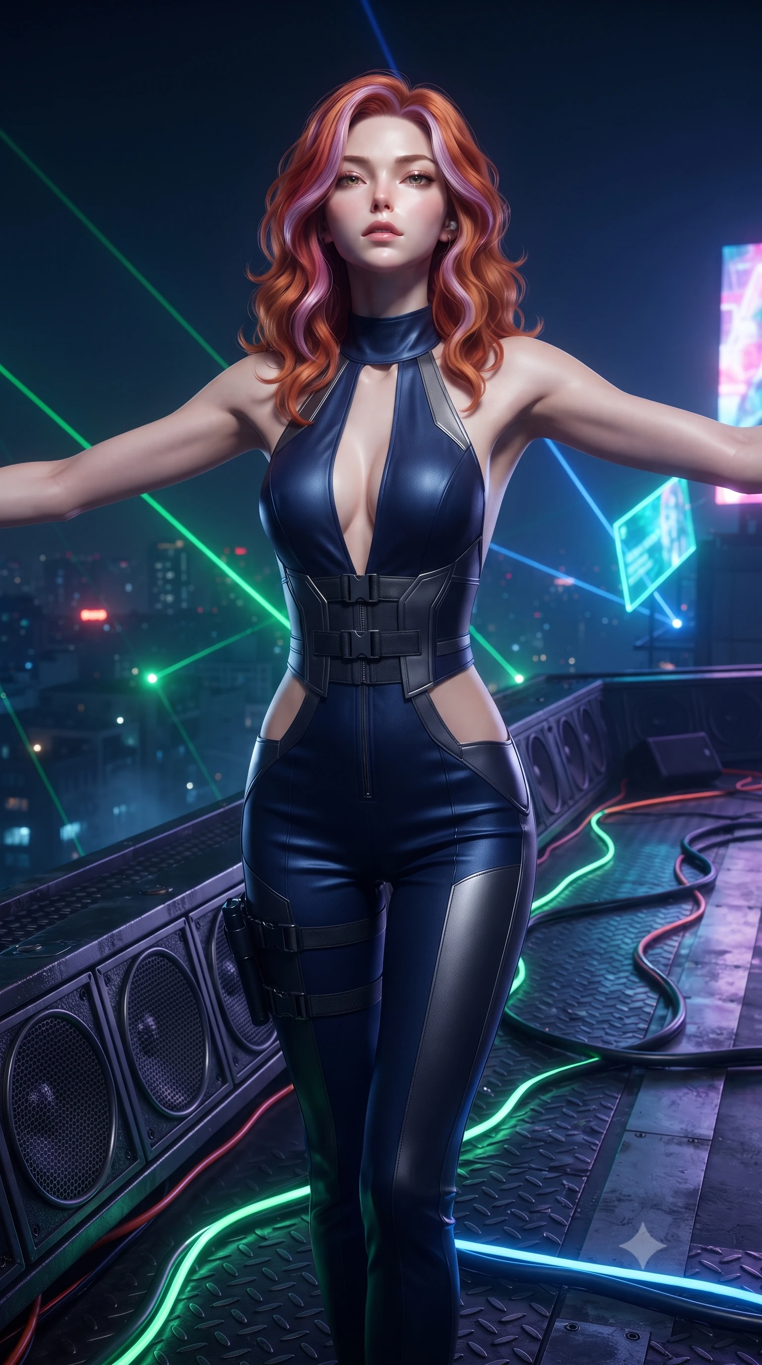 score_9, masterpiece, best quality, ultra-detailed, high-budget anime keyframe, editorial fashion photography, tasteful artistic composition, Caucasian woman. close-up cowboy shot from the waist and thighs up, the character dominates the composition, filling the frame with her large presence. tilting her chin up with proud, sovereign confidence while gazing directly into the lens with thick, dark eyelashes while standing poised on the edge of a rooftop helipad platform with arms outstretched, welcoming the pulsing techno basslines. The surrounding environment is rendered in vivid detail and crisp panoramic clarity. intricate audio speaker grilles, glowing LED accessory cables, and laser beam paths in high resolution. She has an exceptionally elegant, slender, and willowy female figure with an ultra-slim waist, a gracefully sculpted slender torso, toned flat midriff, and a refined slim silhouette. sharp v-shaped jawline, high-bridge nose, intricate jewel-like eyes with depth, thick eyelashes, glossy lips with a natural sheen, captivating and magnetic expression, flawlessly proportioned anatomical accuracy, strict slender model proportions, natural body alignment, perfectly sculpted long slender limbs, ultra-slim waistline, clean dynamic posture without body distortion. wearing a high-society undercover halter-neck jumpsuit with a tailored deep-V back and integrated tactical waist cincher in deep midnight blue and brushed gunmetal, tailored from fluid silk crepe with inner ballistic reinforcement, accessorized with a sleek concealed garter holster and pearl ear transmitter edition #16, the precision-cut daring openings accentuating her delicate midriff, graceful bare collarbones, and ultra-slim feminine waistline. bathed in flashing RGB strobe lights and glowing holographic billboard backlighting. ultra-reflective glossy finish, specular highlights, rich textural contrasts, high-contrast stereoscopic depth, volumetric dynamic lighting, 2k, ultra detail, master piece, 9:16 ratio