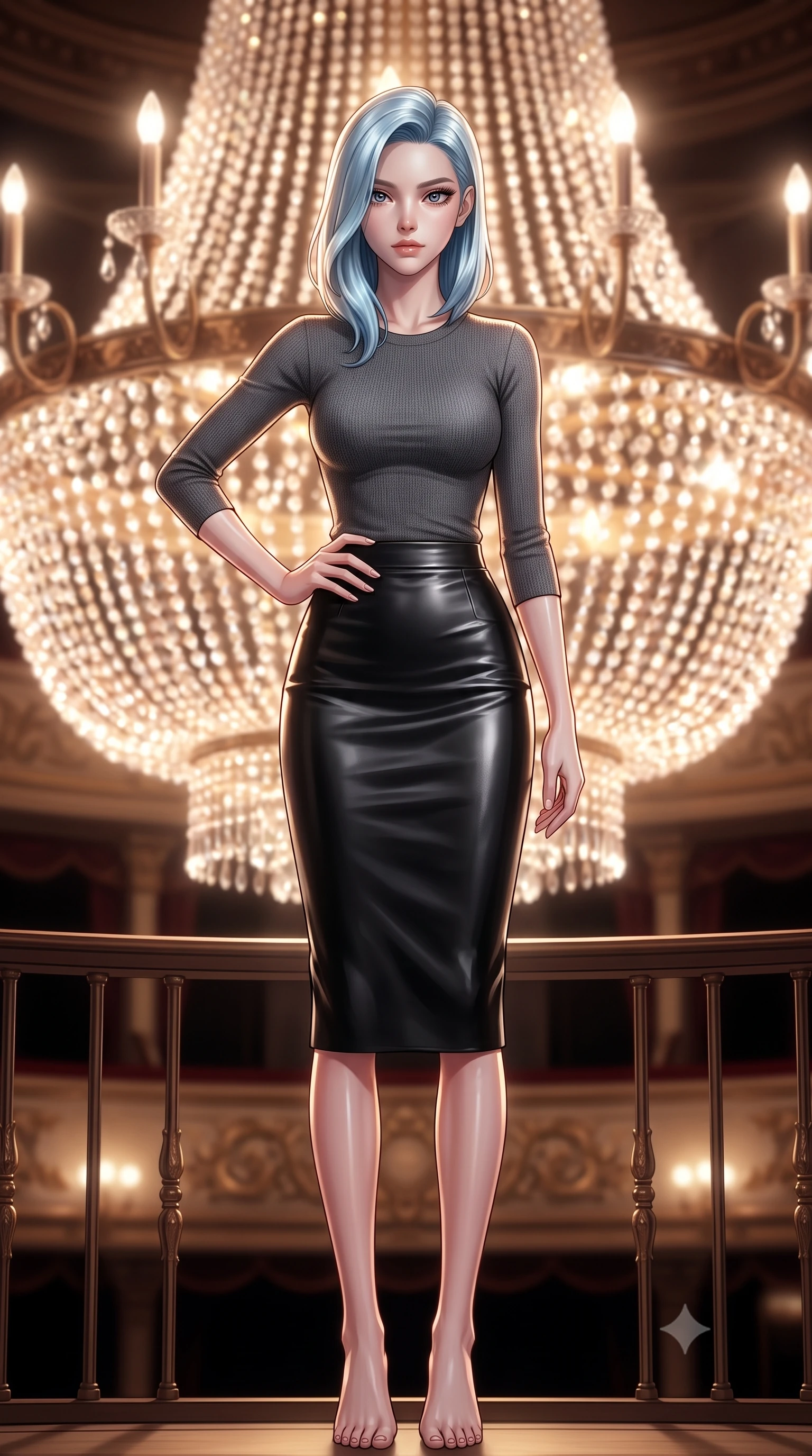 score_9, masterpiece, best quality, ultra-detailed, high-budget anime keyframe, editorial fashion photography, tasteful artistic composition, Korean woman. low angle full-body shot from head to toe showing her feet, filling the entire 9:16 vertical frame with her statuesque presence, stretching her vertical silhouette. posing confidently with one hand on her hip, stretching her statuesque body to emphasize her curves the background shows a soft-focus an opera box balcony facing a massive crystal chandelier in soft focus. She has an absolutely perfect, statuesque 8.5-heads proportion, an exceptionally tall and slender model-like female figure with impossibly long slender legs and an ultra-slim waist. sharp v-shaped jawline, high-bridge nose, intricate jewel-like eyes with depth, thick eyelashes, glossy lips with a natural sheen. wearing a slim-fit body-hugging knit top in charcoal grey, paired with a tight-fitting leather midi skirt. dazzling light reflections from the crystal beads, wrapping her in a warm glow. ultra-reflective glossy finish, specular highlights, metallic sheen, high-contrast stereoscopic depth, volumetric dynamic lighting, 2k, ultra detail, master piece, 9:16 ratio