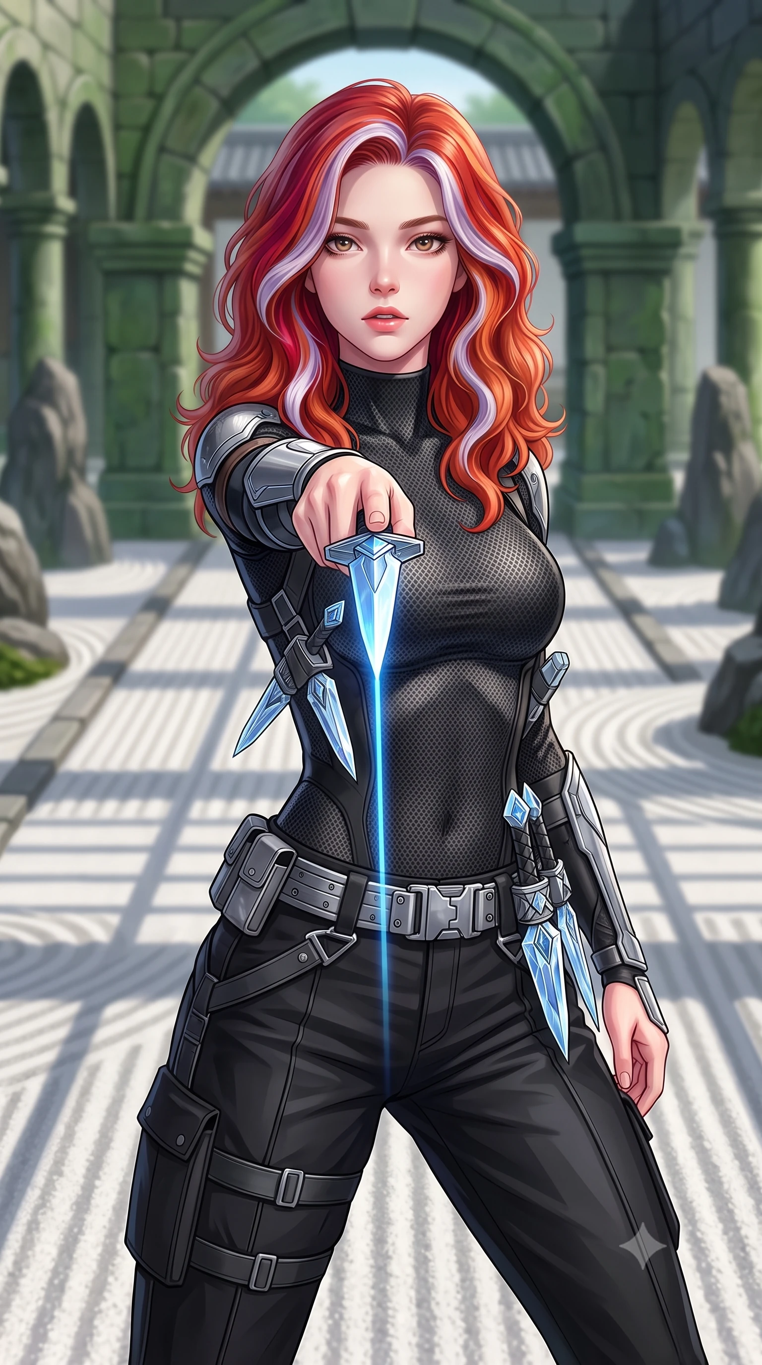 score_9, masterpiece, best quality, ultra-detailed, high-budget anime keyframe, editorial fashion photography, tasteful artistic composition, Caucasian woman. close-up cowboy shot from the waist and thighs up, the character dominates the composition, filling the frame with her large presence, background elements kept in soft focus. pointing a crystal-edged laser dagger forward in a defensive stance, tilting her chin up slightly with lips parted in a composed pose, the background shows a soft-focus a rock garden path with raked white sand and structured green stone arches. She has an exceptionally elegant, slender, and willowy female figure with an ultra-slim waist, a gracefully sculpted slender torso, and a refined silhouette. sharp v-shaped jawline, high-bridge nose, intricate jewel-like eyes with depth, thick eyelashes, glossy lips with a natural sheen. wearing a body-hugging high-neck carbon-mesh tactical shirt tucked into structured combat trousers with metallic utility belts. crisp morning sunlight casting sharp, clean grid shadows across the sand. highly saturated vibrant anime colors, detailed shading with soft gradients, rich glossy textures, high-contrast stereoscopic depth, volumetric dynamic lighting, master piece, 9:16 ratio