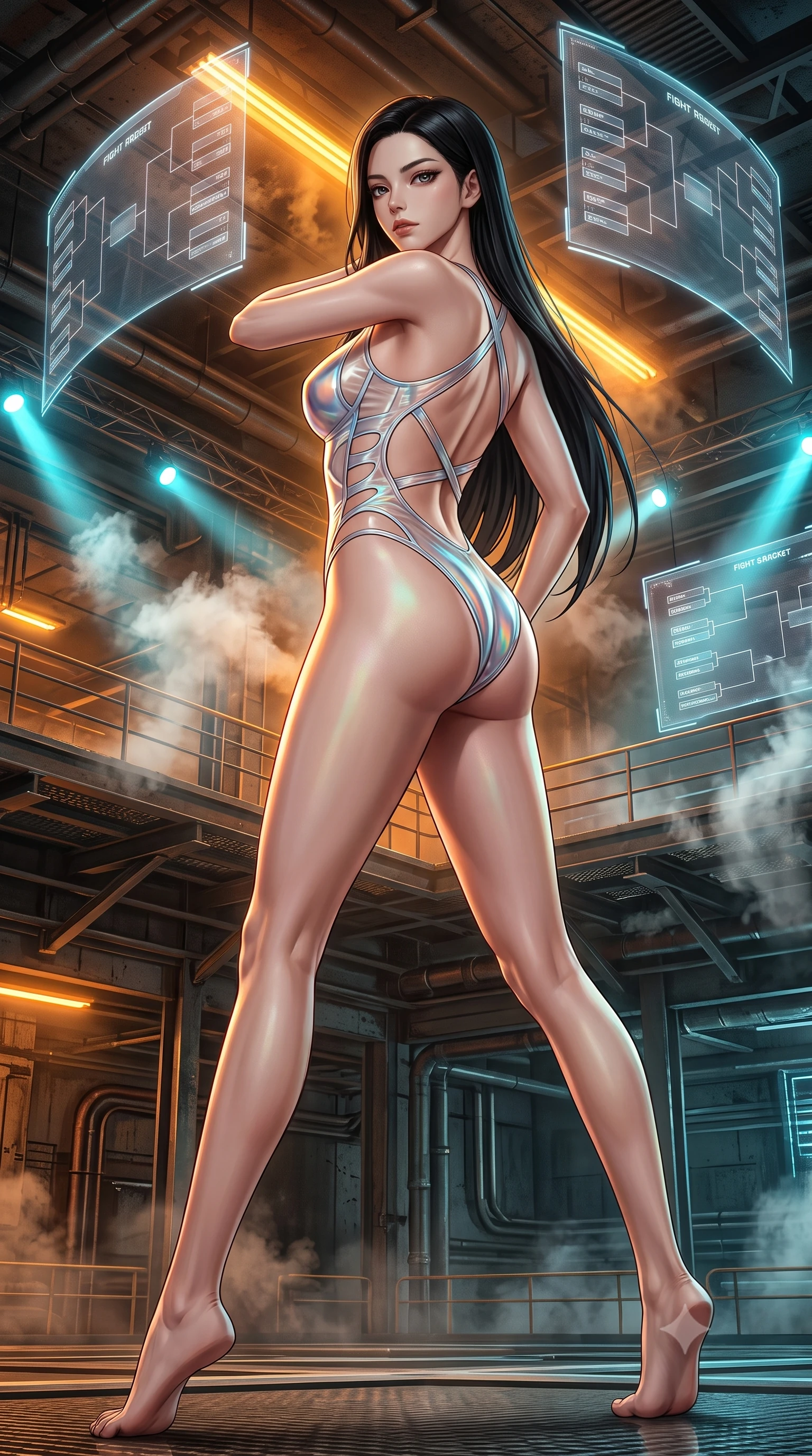 score_9, masterpiece, best quality, ultra-detailed, high-budget anime keyframe, semi-realistic 3D game render, editorial fashion photography, tasteful artistic composition, Korean woman. low angle full-body shot from head to toe showing her feet, filling the entire 9:16 vertical frame with her statuesque presence, stretching her vertical silhouette. pivoting dynamically in mid-motion with a breathtakingly alluring posture, displaying her flawless model proportions and ultra-slim waist while twisting her body in a powerful athletic stance amidst swirling steam clouds and holographic fight brackets. The surrounding environment is rendered in vivid detail and crisp panoramic clarity. gritty high-contrast industrial cyber-arena architecture rendered with environmental precision. She has an absolutely perfect, statuesque 8.5-heads proportion, an exceptionally tall and slender model-like female figure with impossibly long slender legs and an ultra-slim waist. sharp v-shaped jawline, high-bridge nose, intricate jewel-like eyes with depth, thick eyelashes, glossy lips with a natural sheen, flawlessly proportioned anatomical accuracy, natural body alignment, perfectly sculpted elegant limbs, clean dynamic posture without body distortion. wearing a high-cut translucent vinyl leotard with front paneling, exposed side-rib cutouts, and an open back in translucent smoky quartz and iridescent holographic sheen, made of liquid metal jersey that clings flawlessly to every contour of her build, complemented by criss-cross back straps highlighting her completely bare spine, the liquid-tight fabric adhering flawlessly to her sculpted torso and slender silhouette. bathed in blazing amber sodium vapor lights and sharp electric cyan arena rim spotlights. highly saturated vibrant anime colors, detailed shading with soft gradients, rich glossy textures, high-contrast stereoscopic depth, volumetric dynamic lighting, master piece, 9:16 ratio