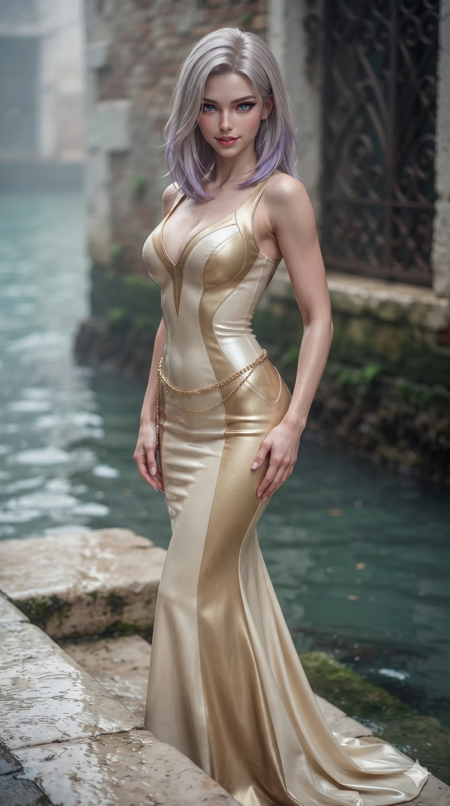score_9, masterpiece, best quality, ultra-detailed, high-budget anime keyframe, editorial fashion photography, tasteful artistic composition, Caucasian woman. close-up cowboy shot from the waist and thighs up, the character dominates the composition, filling the frame with her large presence. tilting her head with a teasing half-smile, running one hand slowly down the side of her hip in a flirtatious S-curve as ambient light caresses her silhouette while standing poised on the wet marble water-gate steps at the water's edge, arching her spine with ethereal siren poise as ripples lap against her feet. The background shows a soft-focus Venetian lagoon sea-mist softened in private water-gate landing shallow focus. She has an exceptionally elegant, slender, and willowy female figure with an ultra-slim waist, flat toned midriff, narrow ribcage, and sculpted feminine hips creating an alluring, slim hourglass silhouette without bulk. sharp v-shaped jawline, high-bridge nose, intricate jewel-like sparkling eyes with depth, thick eyelashes, glossy parted lips with a natural sheen, intensely captivating and seductive bedroom-eyes expression, exuding both youthful cute charm and sovereign luxury allure, flawlessly proportioned anatomical accuracy, strict slender model proportions, natural body alignment, perfectly sculpted long slender limbs, ultra-slim waistline, clean dynamic posture without body distortion. wearing a sculpted liquid-satin mermaid gown tailored with contouring seams that adhere flawlessly over her curves in Istrian stone cream and antique gold-leaf, woven from buttery-soft stretch lambskin leather adhering to her body like a second skin, accented with a delicate gold chain belt resting loosely on her curvy hips, the bespoke structured tailoring following the natural line of her 8.5-heads silhouette with refined elegance. illuminated by emerald canal water reflections and sharp silver-rose rim lights sculpting her razor-sharp jawline, narrow waist, and curvy hips. ultra-reflective glossy finish, specular highlights, rich textural contrasts, high-contrast stereoscopic depth, volumetric dynamic lighting, 2k, ultra detail, master piece, 9:16 ratio