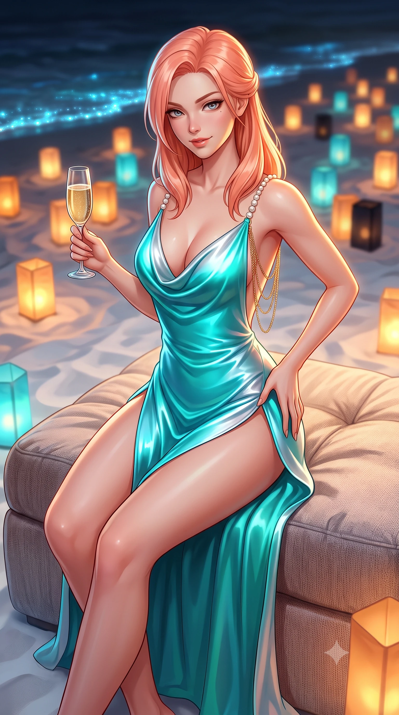 score_9, masterpiece, best quality, ultra-detailed, high-budget anime keyframe, semi-realistic 3D game render, editorial fashion photography, tasteful artistic composition, Japanese woman. close-up cowboy shot from the waist and thighs up, the character dominates the composition, filling the frame with her large presence. tilting her head with a teasing half-smile, running one hand slowly down the side of her hip in a flirtatious S-curve as ambient light caresses her silhouette while sitting gracefully on the plush low divan on the sand with legs crossed, holding a glass of vintage champagne with magnetic siren cool. The background shows a soft-focus hundreds of glowing paper lanterns embedded in white sand, shimmering bioluminescent tide lines, and dark empty sea blurred into amber, cyan, and obsidian bokeh. She has an exceptionally elegant, slender, and willowy female figure with an ultra-slim waist, flat toned midriff, narrow ribcage, and sculpted feminine hips creating an alluring, slim hourglass silhouette without bulk. sharp v-shaped jawline, high-bridge nose, sparkling eyes with hypnotic seductive depth, thick curled eyelashes, glossy parted lips with a natural dewy peach sheen, alluring bedroom-eyes with an enchanting coquettish smile, exuding magnetic siren charisma and sophisticated glamour, flawlessly proportioned anatomical accuracy, strict slender model proportions, natural body alignment, perfectly sculpted long slender limbs, ultra-slim waistline, clean dynamic posture without body distortion. wearing a plunging cowl-neck liquid silk satin sarong slip dress with daring hip-high double slits and pearl shoulder straps in bioluminescent neon teal and starlight silver, crafted from fluid liquid silk satin that clings smoothly to every curve with a dewy sheen, accented with an open-back drape framed by falling strands of delicate gold chains, the high-slit wrap tailoring accentuating her ultra-slim waistline and the enchanting curve of her feminine hips with alluring seductive charm. illuminated by white sand reflection bounce and sharp flame-gold rim lights defining her razor-sharp jawline, narrow waist, and curvy hips. highly saturated vibrant anime colors, detailed shading with soft gradients, rich glossy textures, high-contrast stereoscopic depth, volumetric dynamic lighting, master piece, 9:16 ratio