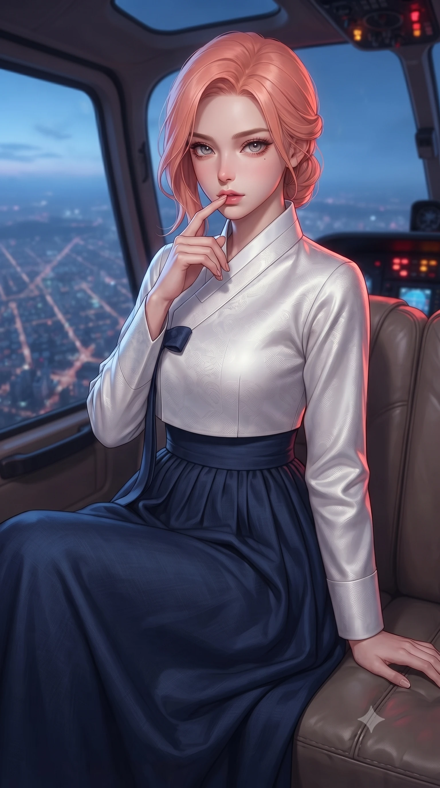 score_9, masterpiece, best quality, ultra-detailed, high-budget anime keyframe, editorial fashion photography, tasteful artistic composition, Japanese woman. close-up cowboy shot from the waist and thighs up, the character dominates the composition, filling the frame with her large presence, background elements kept in soft focus. pressing one finger to her bottom lip in a thoughtful, seductive gesture under the warm sun the background shows a soft-focus the leather seat cabin of a private helicopter looking at the city grid below. She has an exceptionally elegant, slender, and willowy female figure with an ultra-slim waist, a gracefully sculpted slender torso, and a refined silhouette. sharp v-shaped jawline, high-bridge nose, intricate jewel-like eyes with depth, thick eyelashes, glossy lips with a natural sheen. wearing a form-contouring modern fusion hanbok dress with a navy blue linen skirt and a high-neck white silk jeogori wrapper. cool blue twilight key light contrasting with the warm red dashboard indicator lights. ultra-reflective glossy finish, specular highlights, metallic sheen, high-contrast stereoscopic depth, volumetric dynamic lighting, 2k, ultra detail, master piece, 9:16 ratio