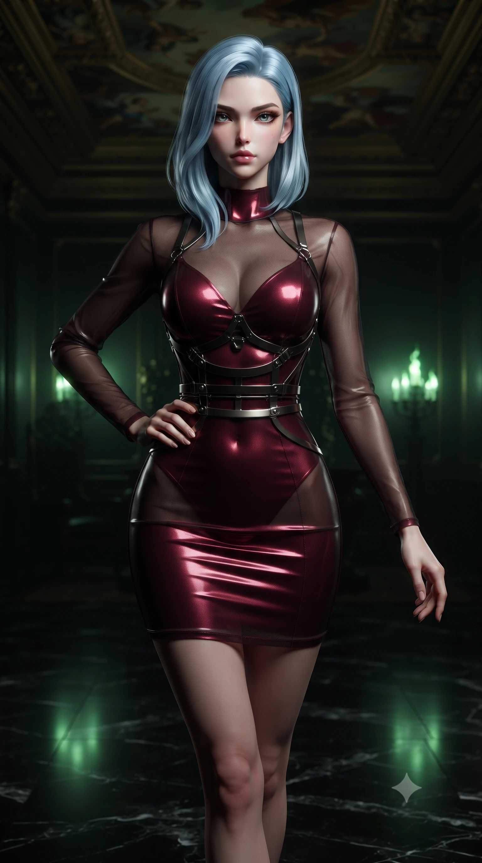 score_9, masterpiece, best quality, ultra-detailed, high-budget anime keyframe, editorial fashion photography, tasteful artistic composition, Korean woman. close-up cowboy shot from the waist and thighs up, the character dominates the composition, filling the frame with her large presence, background elements kept in soft focus. Holding a confident power pose with one hand on her hip, walking across a pitch-black marble floor beneath dark gold ceiling frescoes, dramatic green firelight casting eerie shadows across the obsidian throne. She has an exceptionally elegant, slender, and willowy female figure with an ultra-slim waist, a gracefully sculpted slender torso, and a refined silhouette. sharp v-shaped jawline, high-bridge nose, intricate jewel-like eyes with depth, thick eyelashes, glossy lips with a natural sheen. wearing aerodynamic second-skin dark silver metallic bodycon dress in deep crimson burgundy, made of sheer dark organza overlay, highlighted by a gunmetal metallic harness structure, highlighting her statuesque proportions and ultra-slim waistline. surrounded by high-contrast baroque chiaroscuro with sharp rim highlights. ultra-reflective glossy finish, specular highlights, metallic sheen, high-contrast stereoscopic depth, volumetric dynamic lighting, 2k, ultra detail, master piece, 9:16 ratio