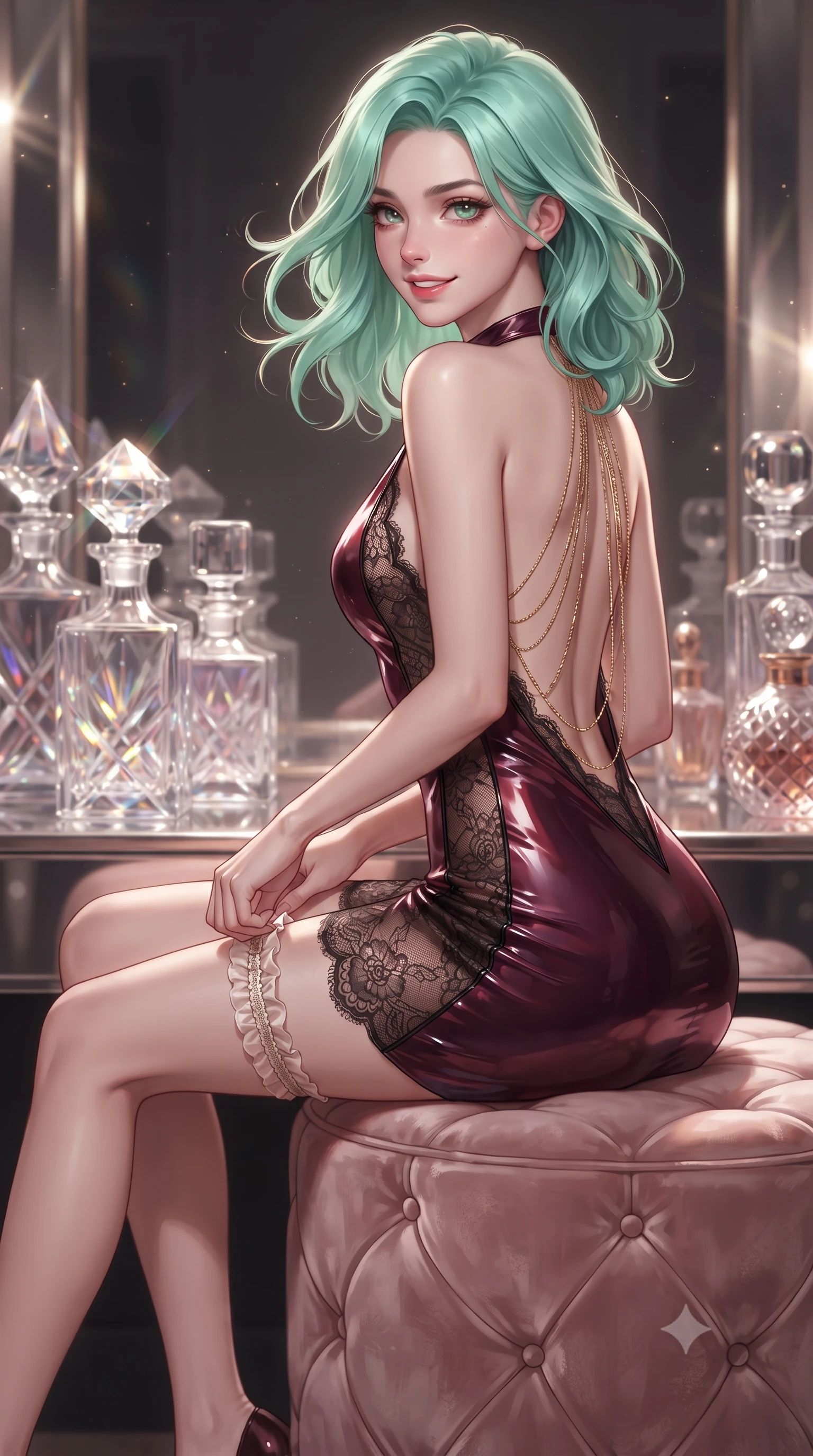 score_9, masterpiece, best quality, ultra-detailed, high-budget anime keyframe, editorial fashion photography, tasteful artistic composition, Japanese woman. close-up cowboy shot from the waist and thighs up, the character dominates the composition, filling the frame with her large presence. turning slowly with an enchanting smoldering smile, her glossy hair tossing in the breeze as her hips angle gracefully in a captivating contrapposto while sitting perched on a blush velvet pouf with legs extended, adjusting a silk garter with effortless Parisian coquettish allure. The background shows a soft-focus crystal perfume decanters softened in exclusive Parisian fashion house shallow focus. She has an exceptionally elegant, slender, and willowy female figure with an ultra-slim waist, flat toned midriff, narrow ribcage, and sculpted feminine hips creating an alluring, slim hourglass silhouette without bulk. sharp v-shaped jawline, high-bridge nose, sparkling eyes with hypnotic seductive depth, thick curled eyelashes, glossy parted lips with a natural dewy peach sheen, alluring bedroom-eyes with an enchanting coquettish smile, exuding magnetic siren charisma and sophisticated glamour, flawlessly proportioned anatomical accuracy, strict slender model proportions, natural body alignment, perfectly sculpted long slender limbs, ultra-slim waistline, clean dynamic posture without body distortion. wearing a slinky backless halterneck column mini dress in shimmering liquid vinyl clinging like a second skin in deep bordeaux velvet and delicate black chantilly, made of sheer gossamer chiffon that drapes softly against skin with airy translucence, accented with an open-back drape framed by falling strands of delicate gold chains, the form-contouring silhouette accentuating her sculpted flat midriff, narrow delicate ribcage, and gracefully curvy hips with intoxicating allure. illuminated by mirror reflection bounce and sharp platinum-gold rim lights defining her delicate clavicles, narrow waist, and curvy hips. ultra-reflective glossy finish, specular highlights, rich textural contrasts, high-contrast stereoscopic depth, volumetric dynamic lighting, 2k, ultra detail, master piece, 9:16 ratio