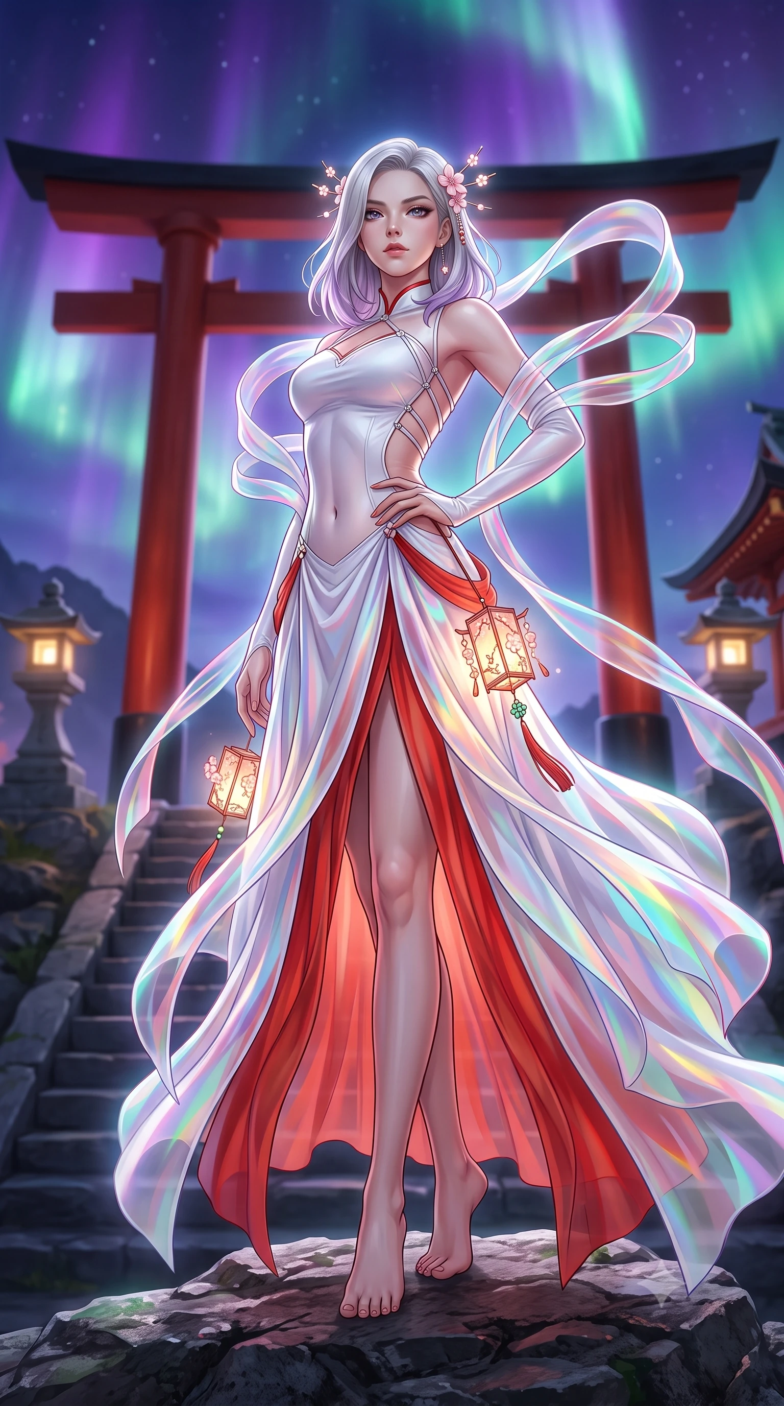 score_9, masterpiece, best quality, ultra-detailed, high-budget anime keyframe, semi-realistic 3D game render, editorial fashion photography, tasteful artistic composition, Caucasian woman. low angle full-body shot from head to toe showing her feet, filling the entire 9:16 vertical frame with her statuesque presence, stretching her vertical silhouette. standing poised with one hip cocked in an alluring high-fashion pose, her tall 8.5-heads proportions dominating the scene while standing atop a mountain shrine ridge framed by a colossal vermilion torii gate under a dancing violet and emerald aurora. The composition keeps background elements in soft focus with creamy bokeh. glowing stone lanterns and wooden shrine eaves softened in cinematic shallow depth of field. She has an absolutely perfect, statuesque 8.5-heads proportion, an exceptionally tall and slender model-like female figure with impossibly long slender legs, a toned flat midriff, and an ultra-slim waist. sharp v-shaped jawline, high-bridge nose, intricate jewel-like eyes with depth, thick eyelashes, glossy lips with a natural sheen, captivating and magnetic expression, flawlessly proportioned anatomical accuracy, strict slender model proportions, natural body alignment, perfectly sculpted long slender limbs, ultra-slim waistline, clean dynamic posture without body distortion. wearing a zero-gravity celestial dancer gown with cascading iridescent ribbons and bare back harness in pure snow white and vermilion red, crafted from weightless prism organza that refracts light with every motion, accessorized with delicate cherry blossom hairpins and glowing paper lantern charms, the glove-like aerodynamic second-skin fit tightly clinging to her ultra-slender waist and athletic curves without adding bulk, accentuating her razor-sharp statuesque lines and slim hourglass silhouette. surrounded by a divine, mystical, and spiritually transcendent shrine maiden sovereign aura. highly saturated vibrant anime colors, detailed shading with soft gradients, rich glossy textures, high-contrast stereoscopic depth, volumetric dynamic lighting, master piece, 9:16 ratio